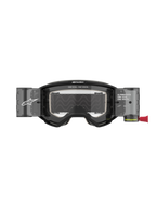 Alpinestars Vision 5 Corp Goggles Roll Off, motorcrossbril, zwart met heldere lens, voorzien van geïntegreerde Wide Vision Roll-Off systeem canisters, anti-condens polycarbonaat lens, A-FLEX urethaan frame en opvallende Alpinestars branding.
