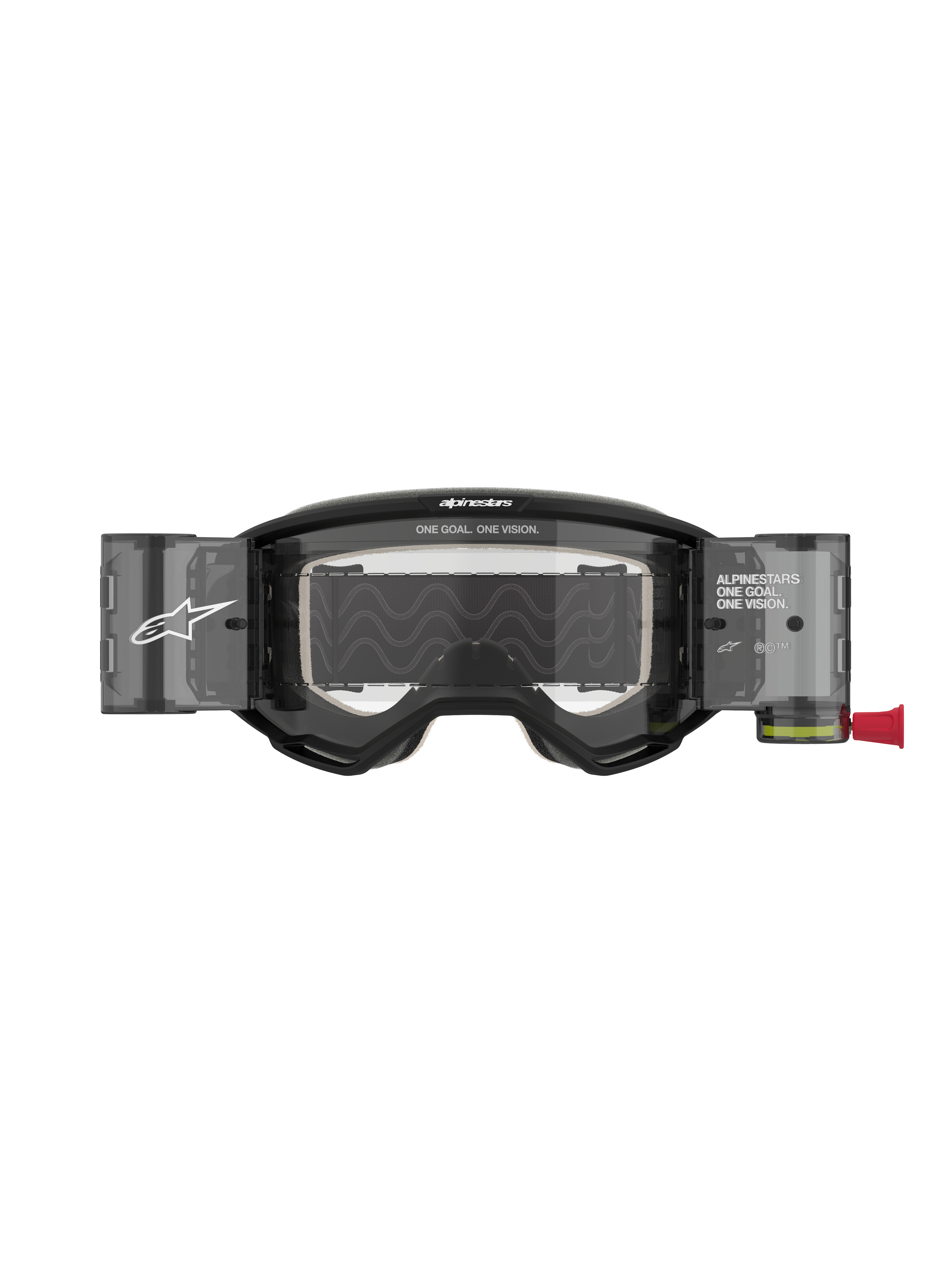 Alpinestars Vision 5 Corp Goggles Roll Off, motorcrossbril, zwart met heldere lens, voorzien van geïntegreerde Wide Vision Roll-Off systeem canisters, anti-condens polycarbonaat lens, A-FLEX urethaan frame en opvallende Alpinestars branding.