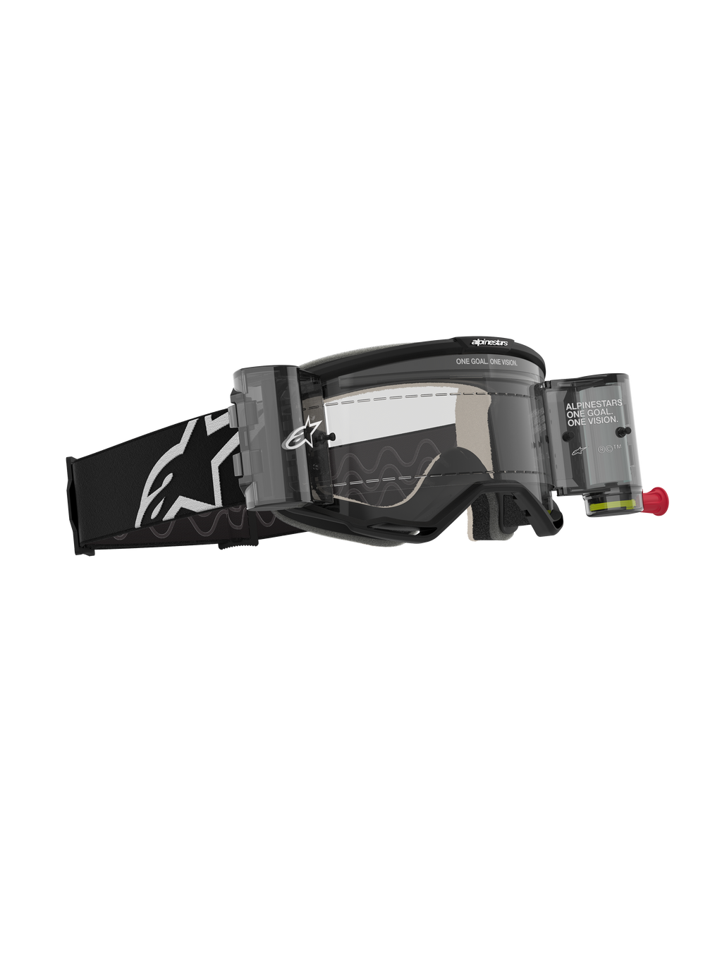 Alpinestars Vision 5 Corp Roll-Off bril, motorcrossbril, zwart met heldere lens, voorzien van het Wide Vision Roll-Off systeem met canisters en film, zwarte geweven band met wit Alpinestars logo, hoogwaardige oogbescherming voor off-road racen.