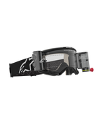 Alpinestars Vision 5 Corp Roll-Off bril, motorcrossbril, zwart met heldere lens, voorzien van het Wide Vision Roll-Off systeem met canisters en film, zwarte geweven band met wit Alpinestars logo, hoogwaardige oogbescherming voor off-road racen.
