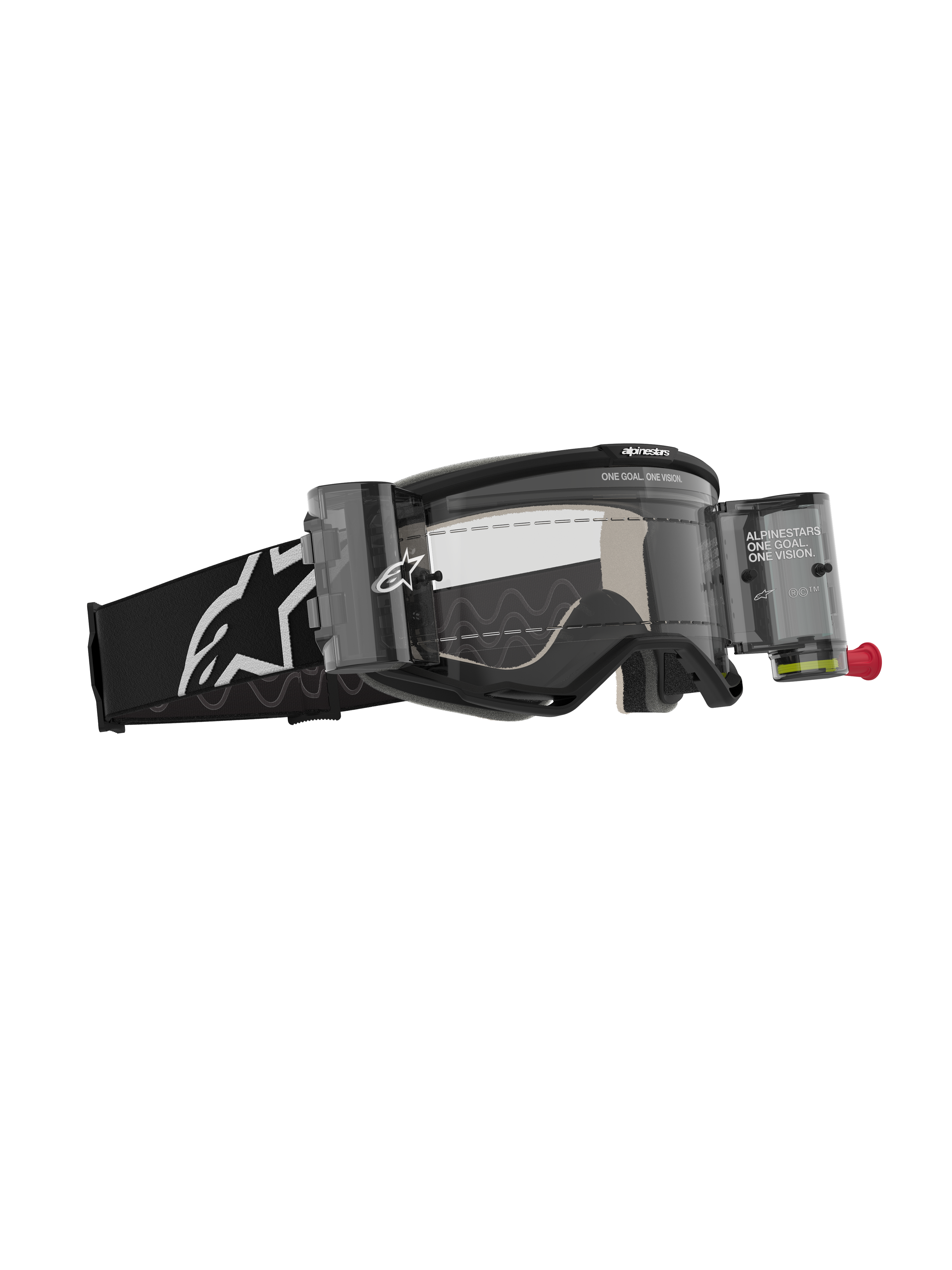 Alpinestars Vision 5 Corp Roll-Off bril, motorcrossbril, zwart met heldere lens, voorzien van het Wide Vision Roll-Off systeem met canisters en film, zwarte geweven band met wit Alpinestars logo, hoogwaardige oogbescherming voor off-road racen.