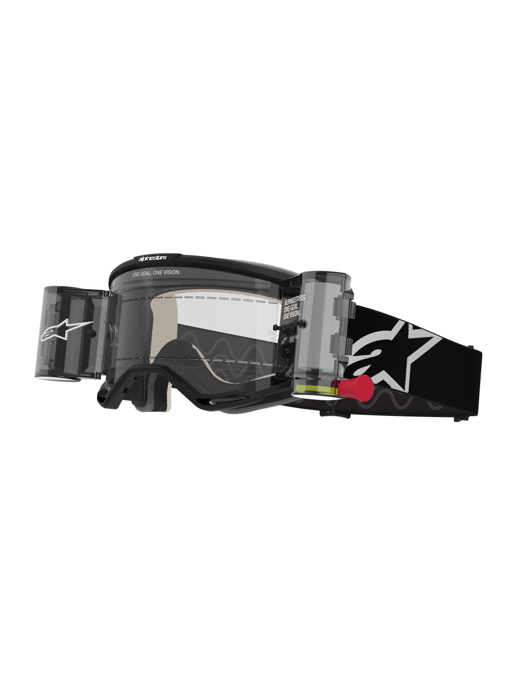 Alpinestars Vision 5 Corp crossbril met roll-off systeem, motorcrossbril, zwart en wit, transparante lens met geïntegreerd Wide Vision roll-off systeem, rode trekflap, zwarte band met wit sterlogo, ONE GOAL ONE VISION-branding