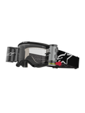 Alpinestars Vision 5 Corp crossbril met roll-off systeem, motorcrossbril, zwart en wit, transparante lens met geïntegreerd Wide Vision roll-off systeem, rode trekflap, zwarte band met wit sterlogo, ONE GOAL ONE VISION-branding