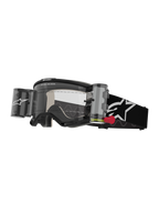 Alpinestars Vision 5 Corp crossbril met roll-off systeem, motorcrossbril, zwart en wit, transparante lens met geïntegreerd Wide Vision roll-off systeem, rode trekflap, zwarte band met wit sterlogo, ONE GOAL ONE VISION-branding