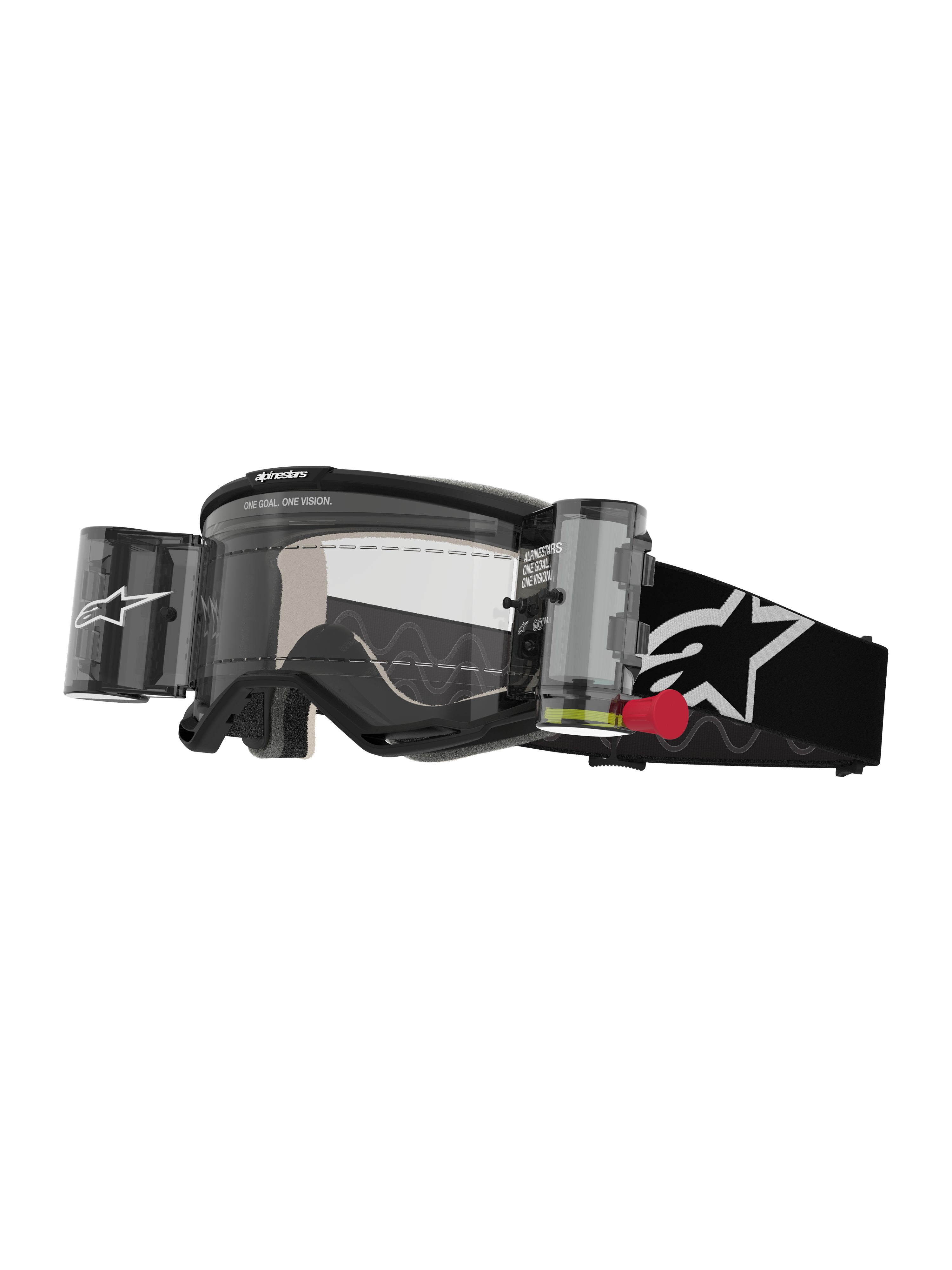 Alpinestars Vision 5 Corp crossbril met roll-off systeem, motorcrossbril, zwart en wit, transparante lens met geïntegreerd Wide Vision roll-off systeem, rode trekflap, zwarte band met wit sterlogo, ONE GOAL ONE VISION-branding