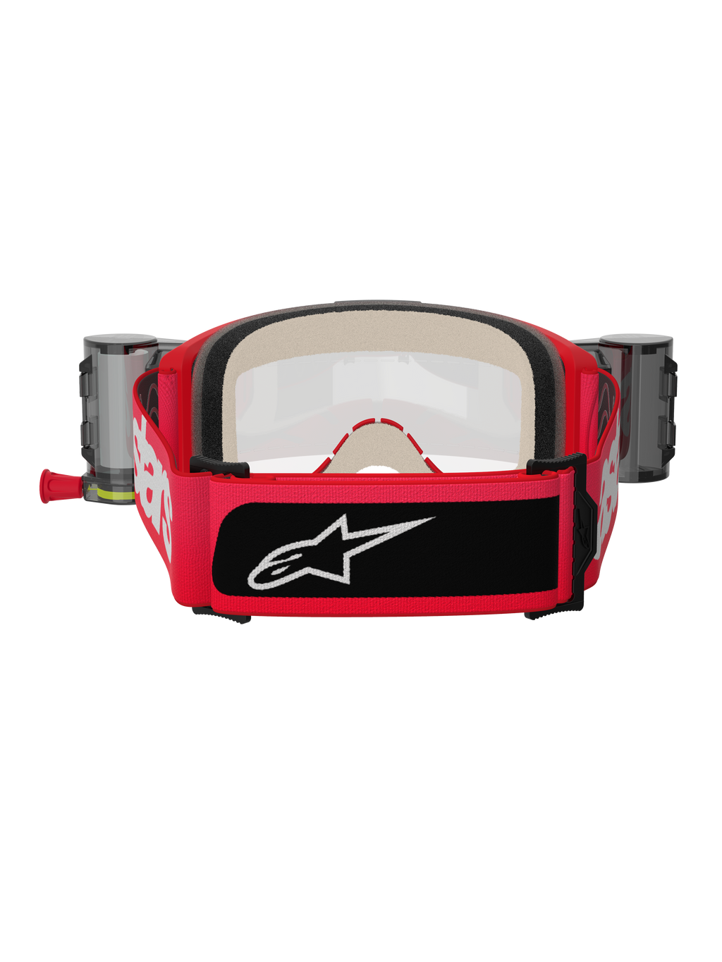 Alpinestars Vision 5 Blaze Roll-Off Goggles, rood en zwart, achteraanzicht met brede geweven band met witte branding en zwarte logopatch, dik meerlaags gezichtsschuim en Wide Vision Roll-Off-systeem canisters aan de zijkanten, motorcross beschermende uitrusting