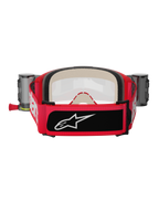 Alpinestars Vision 5 Blaze Roll-Off Goggles, rood en zwart, achteraanzicht met brede geweven band met witte branding en zwarte logopatch, dik meerlaags gezichtsschuim en Wide Vision Roll-Off-systeem canisters aan de zijkanten, motorcross beschermende uitrusting