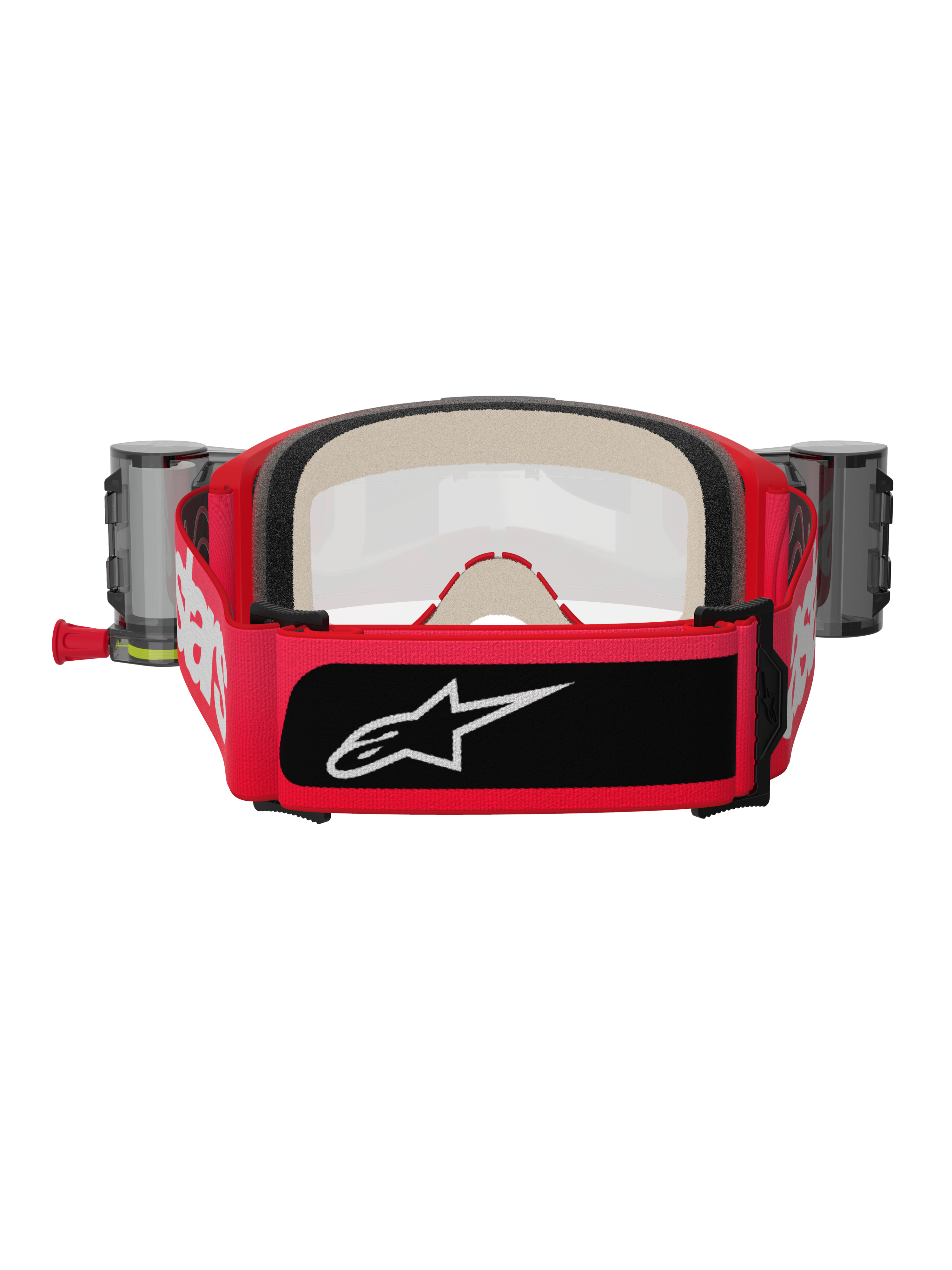 Alpinestars Vision 5 Blaze Roll-Off Goggles, rood en zwart, achteraanzicht met brede geweven band met witte branding en zwarte logopatch, dik meerlaags gezichtsschuim en Wide Vision Roll-Off-systeem canisters aan de zijkanten, motorcross beschermende uitrusting