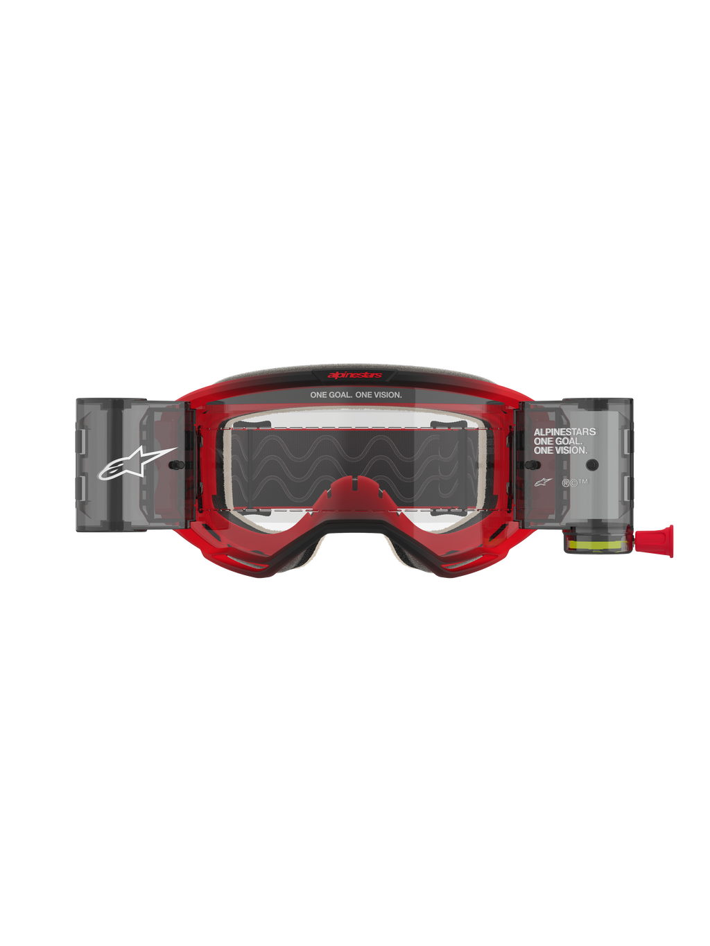 Alpinestars Vision 5 Blaze Roll-Off Goggles, motocrossbril, rood frame met heldere lens, voorzien van geïntegreerd Wide Vision Roll-Off systeem met zij-canisters, 'ONE GOAL. ONE VISION.' branding op het frame en de lens, professionele off-road oogbescherming