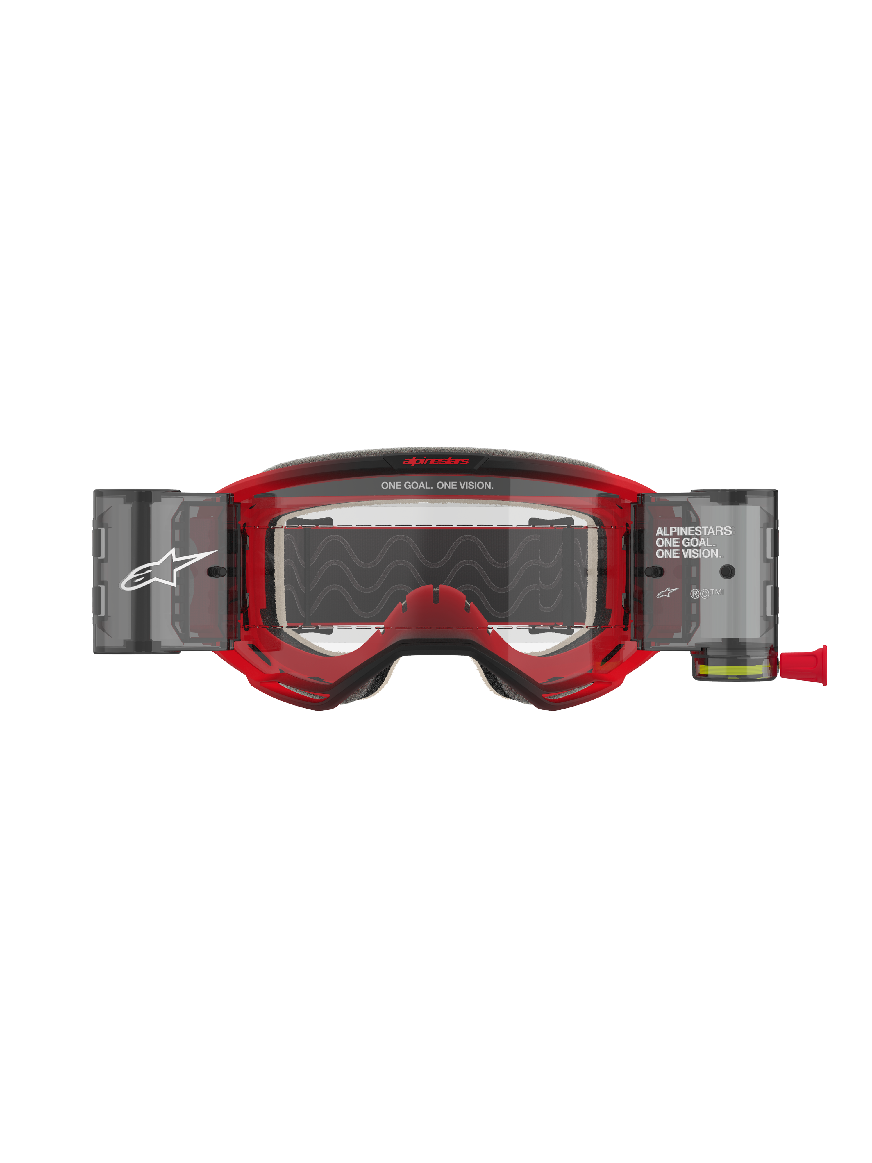 Alpinestars Vision 5 Blaze Roll-Off Goggles, motocrossbril, rood frame met heldere lens, voorzien van geïntegreerd Wide Vision Roll-Off systeem met zij-canisters, 'ONE GOAL. ONE VISION.' branding op het frame en de lens, professionele off-road oogbescherming