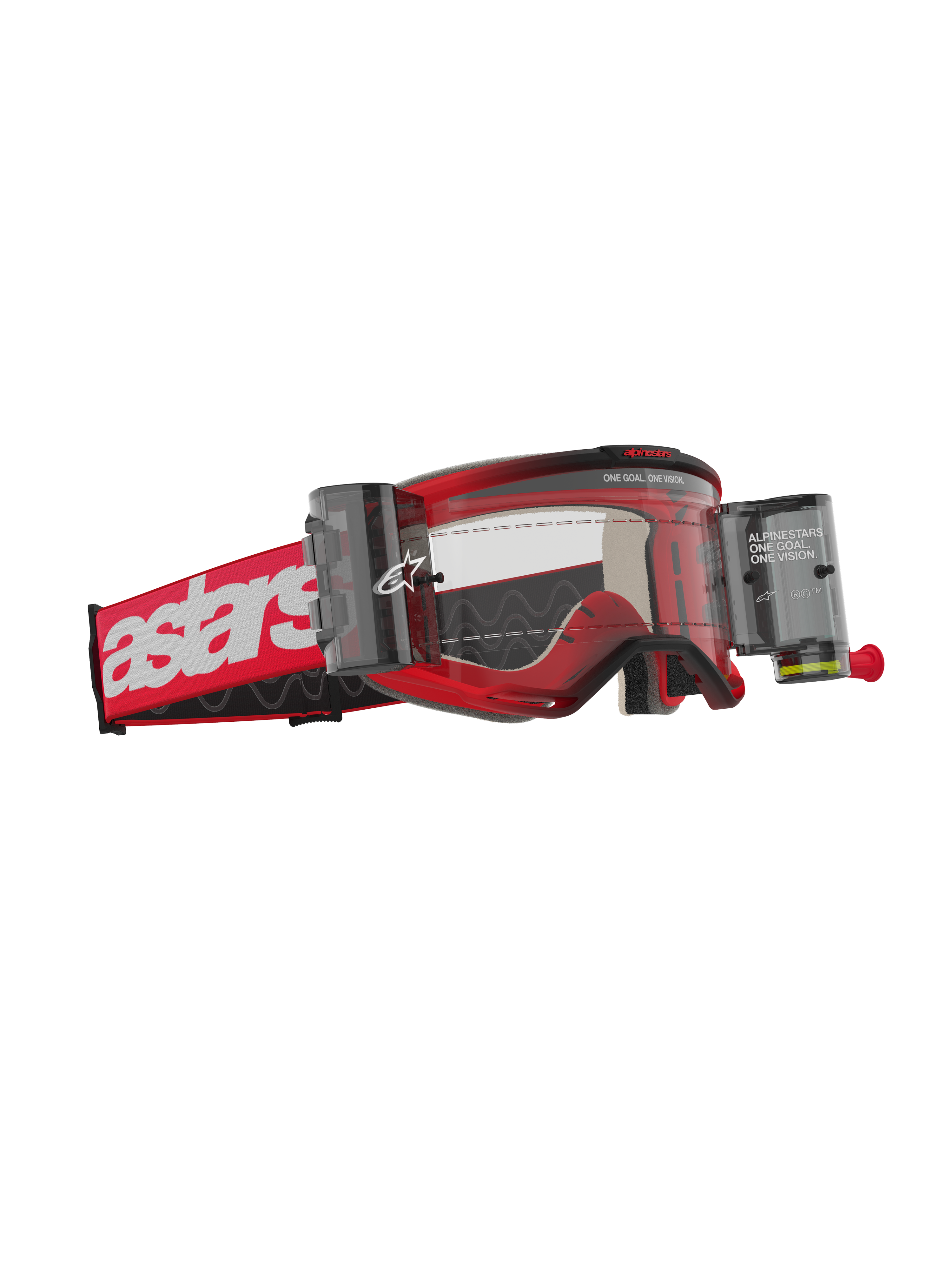 Alpinestars Vision 5 Blaze Goggles Roll Off, motorcrossbril, rood frame met wit astars-logo op de band, heldere lens met geïntegreerd Wide Vision Roll-Off-systeem, duurzame oogbescherming voor off-road rijden