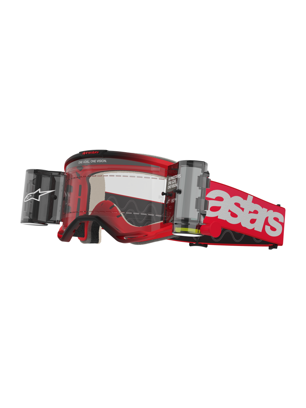 Alpinestars Vision 5 Blaze Goggles Roll Off, motorcrossbril, rood en wit, heldere lens met geïntegreerd Wide Vision roll-off filmsysteem, dubbele bussen aan de zijkanten, rode geweven band met opvallende witte astars-branding, duurzaam urethaan frame met schuimvulling, off-road racebril