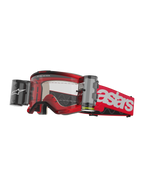 Alpinestars Vision 5 Blaze Goggles Roll Off, motorcrossbril, rood en wit, heldere lens met geïntegreerd Wide Vision roll-off filmsysteem, dubbele bussen aan de zijkanten, rode geweven band met opvallende witte astars-branding, duurzaam urethaan frame met schuimvulling, off-road racebril