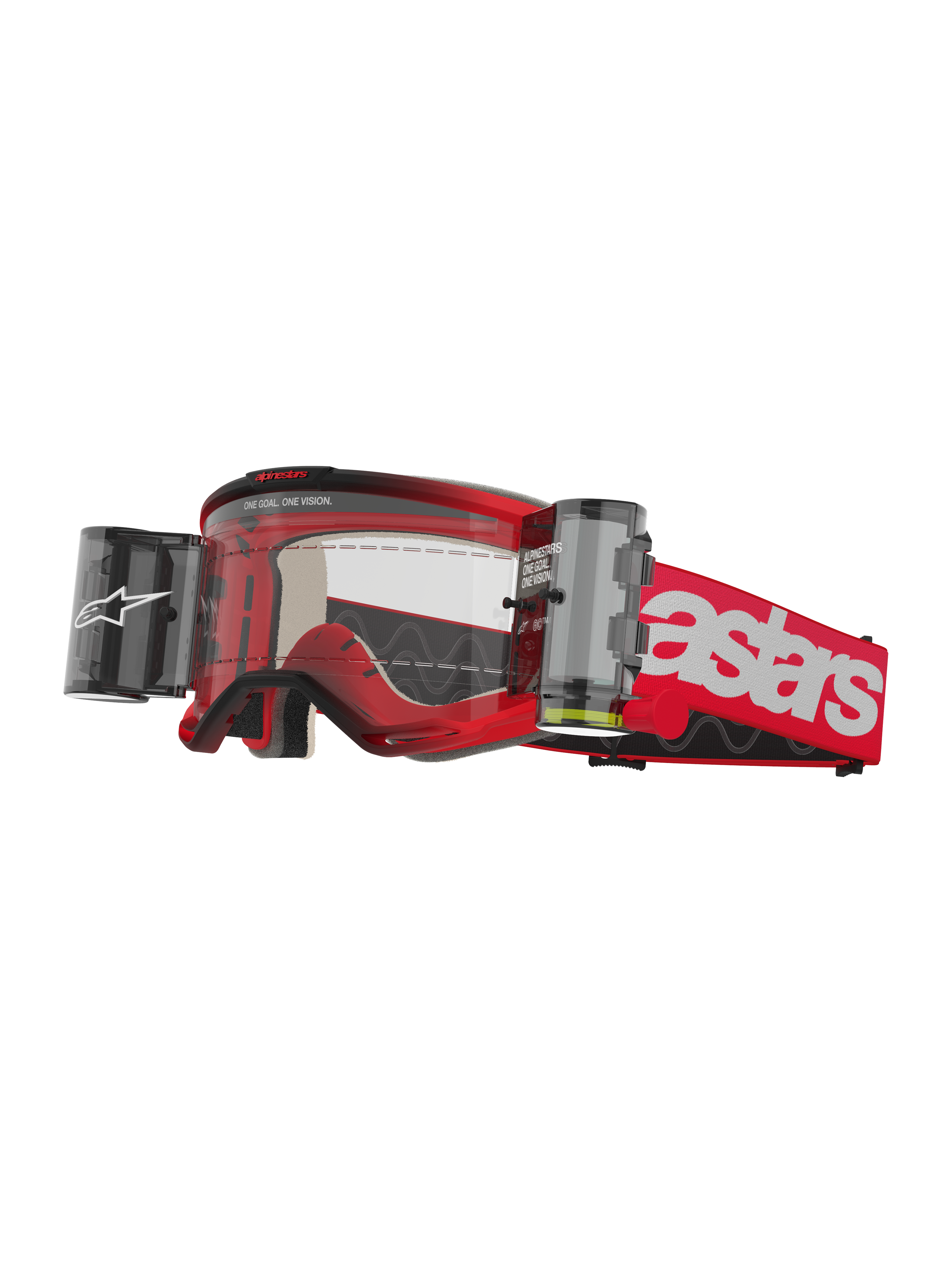 Alpinestars Vision 5 Blaze Goggles Roll Off, motorcrossbril, rood en wit, heldere lens met geïntegreerd Wide Vision roll-off filmsysteem, dubbele bussen aan de zijkanten, rode geweven band met opvallende witte astars-branding, duurzaam urethaan frame met schuimvulling, off-road racebril