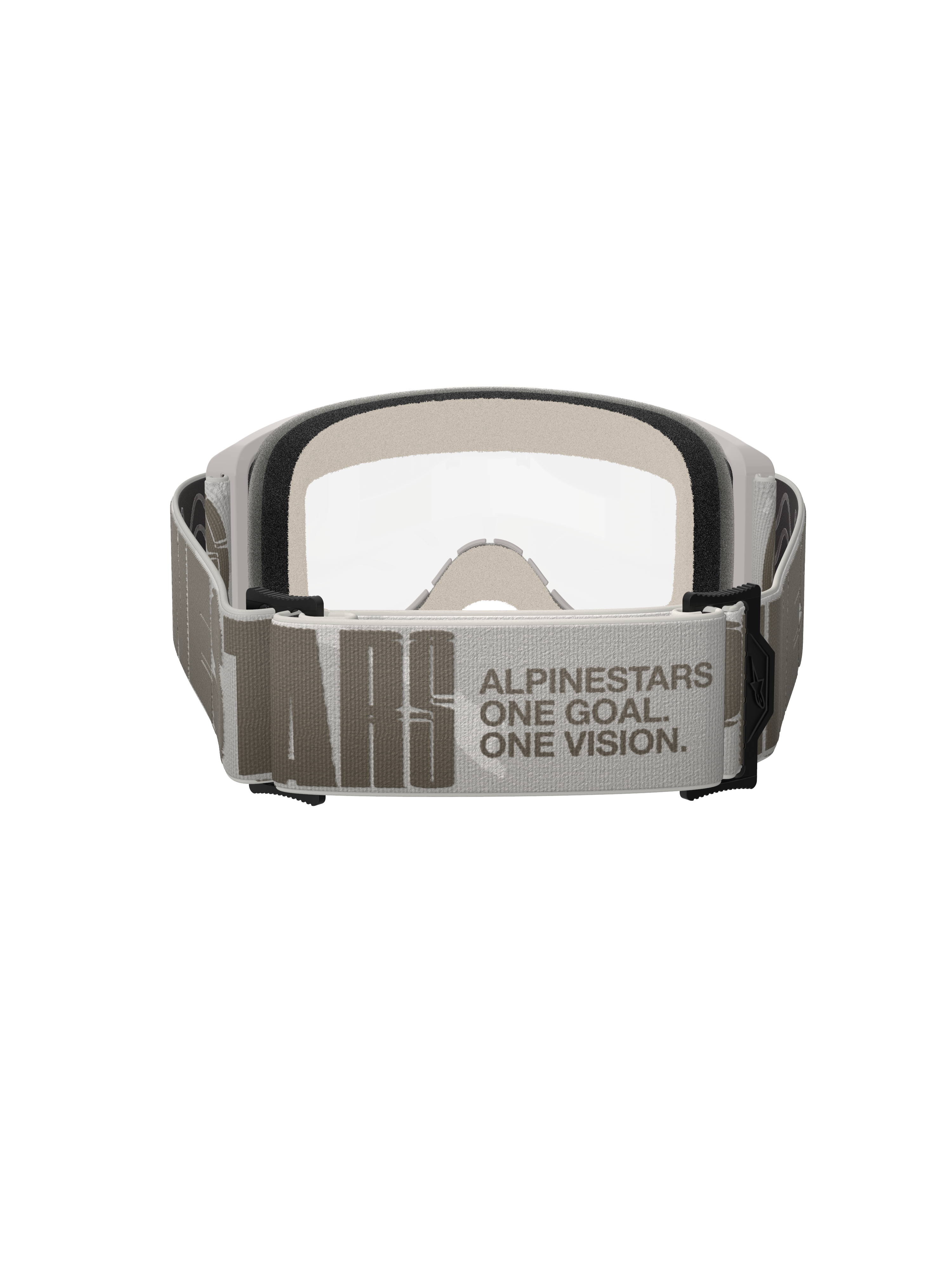 Alpinestars Vision 5 Hollow Goggles, motorcrossbril, Wind Clear, achteraanzicht gericht op de brede lichtgrijze band met Alpinestars-branding en 'One Goal One Vision' slogan, wit frame met heldere lens en dik gezichtsschuim zichtbaar