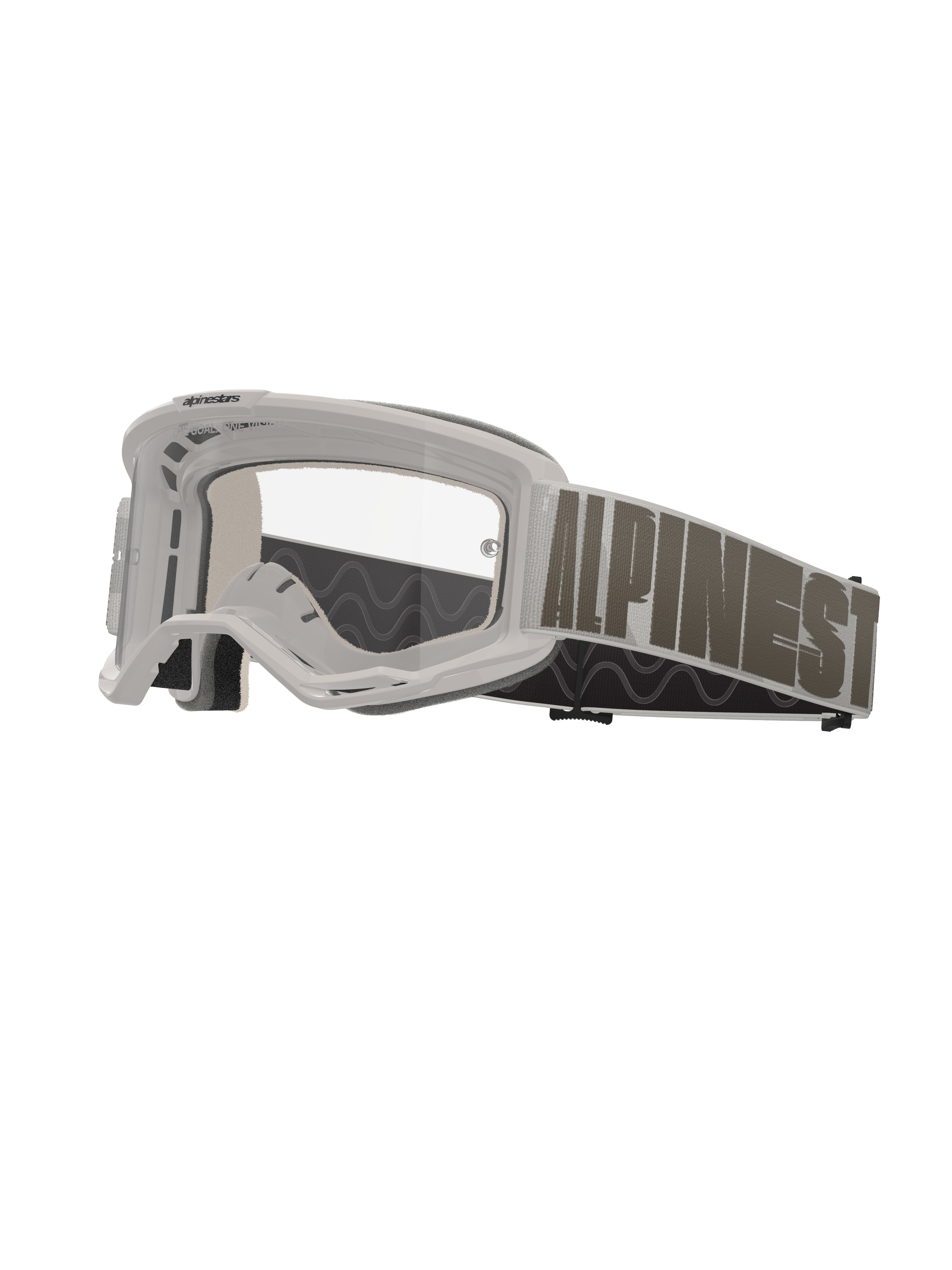 Alpinestars Vision 5 Hollow motorcrossbril, wit frame met heldere lens, brede lichtgrijze band met opvallende donkergrijze Alpinestars-belettering, meerlaagse schuimvulling, hoogwaardige off-road eyewear