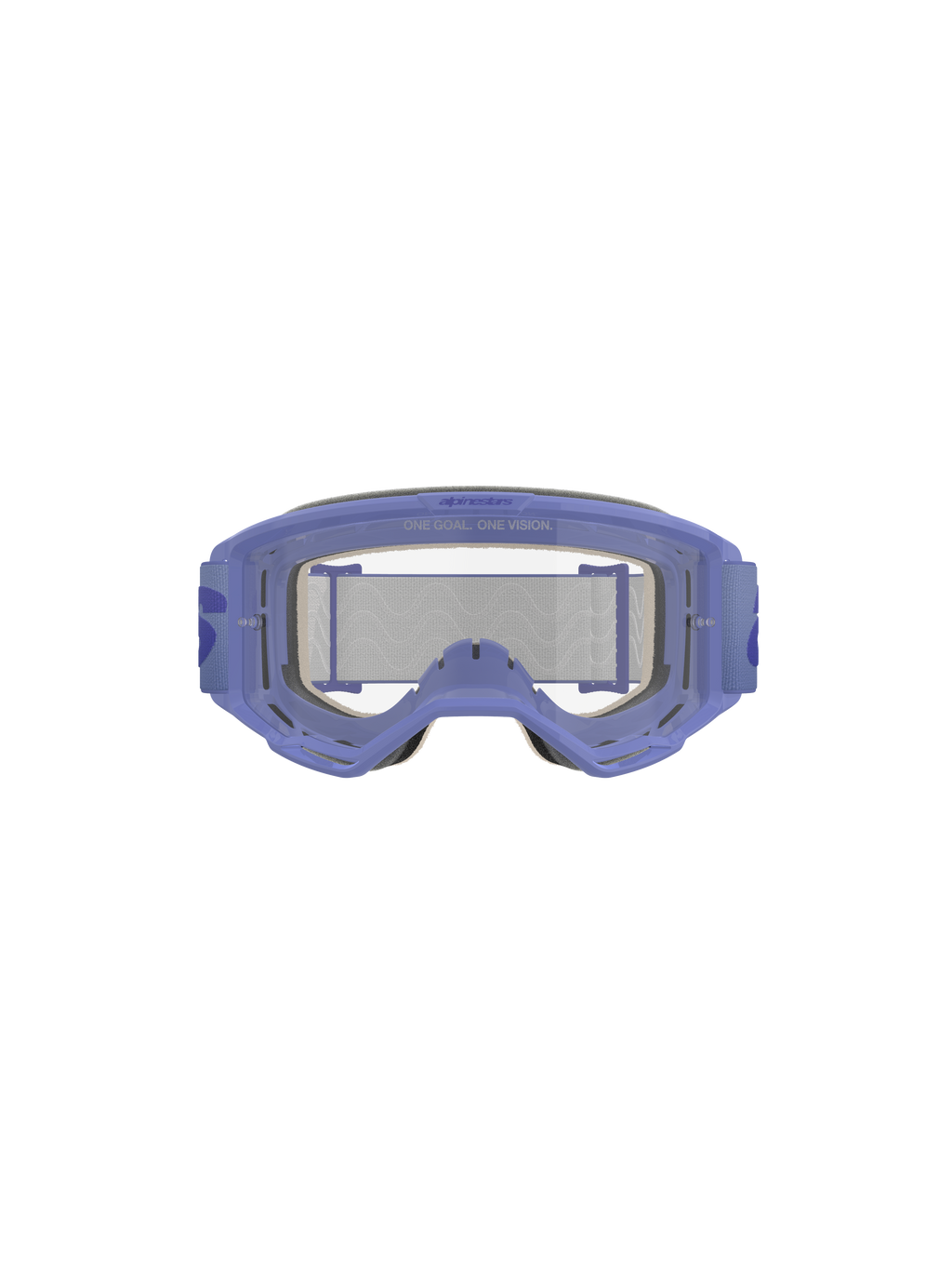Alpinestars Vision 5 Wordmark crossbril, paars en helder, voorzien van een lichtgewicht A-FLEX urethaan frame, heldere anti-condens polycarbonaat lens met 'ONE GOAL. ONE VISION.' branding, 17 mm meerlaags gezichtsschuim en paarse geweven band met opvallend wordmark-logo, professionele motorcross oogbescherming