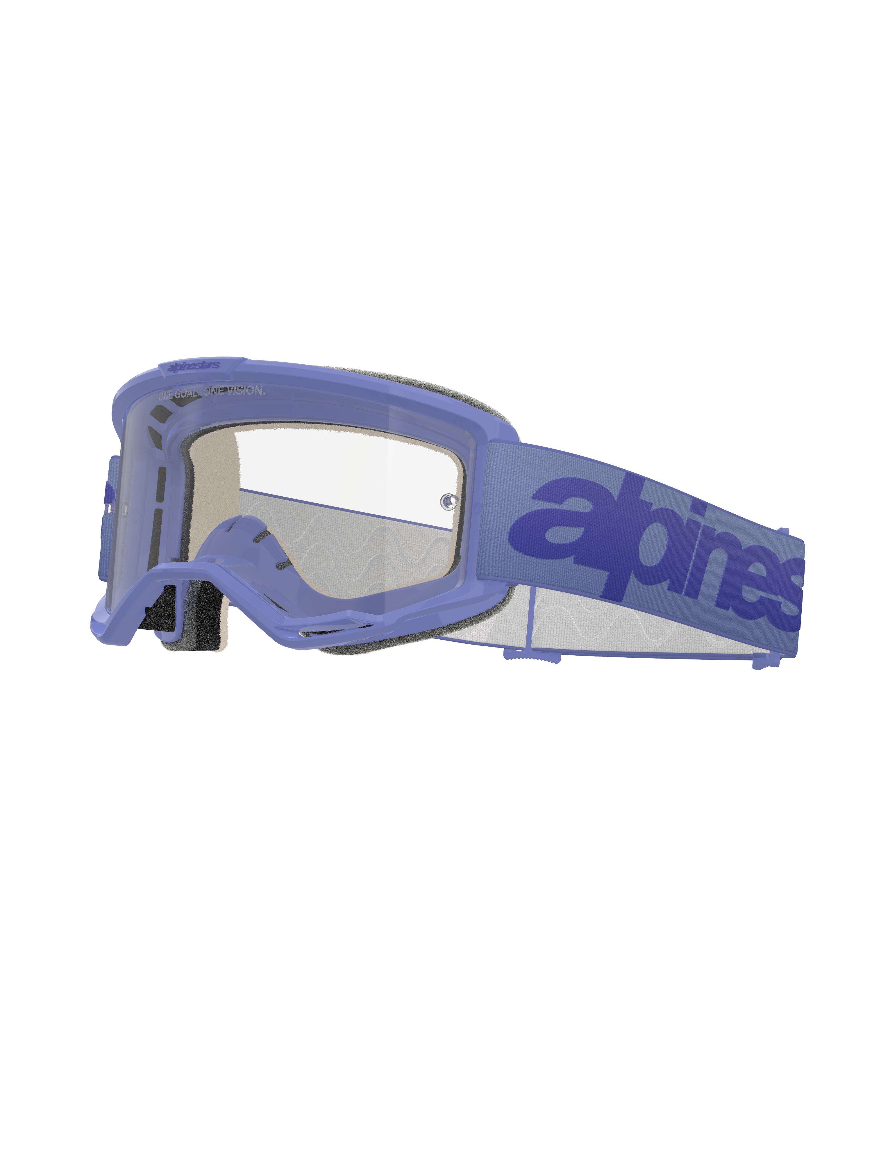 Alpinestars Vision 5 Wordmark Goggles, motorcrossbril, lichtpaars frame met heldere lens, paarse band met donkerblauw woordmerk, geventileerd A-FLEX ontwerp, meerlaags gezichtsschuim, off-road oogbescherming