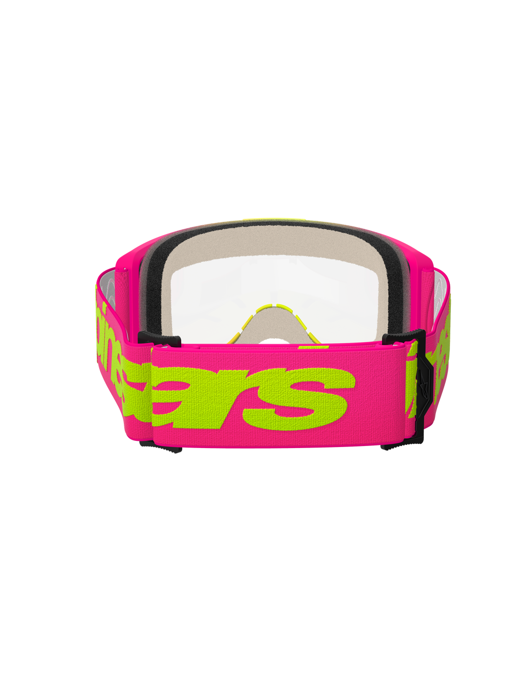 Alpinestars Vision 5 Wordmark bril, motorcrossbril, roze en fluorgeel, achteraanzicht met de brede roze geweven band met neongeel Alpinestars-woordmerk, heldere lens en meerlaagse gezichtsschuimvulling