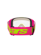 Alpinestars Vision 5 Wordmark bril, motorcrossbril, roze en fluorgeel, achteraanzicht met de brede roze geweven band met neongeel Alpinestars-woordmerk, heldere lens en meerlaagse gezichtsschuimvulling