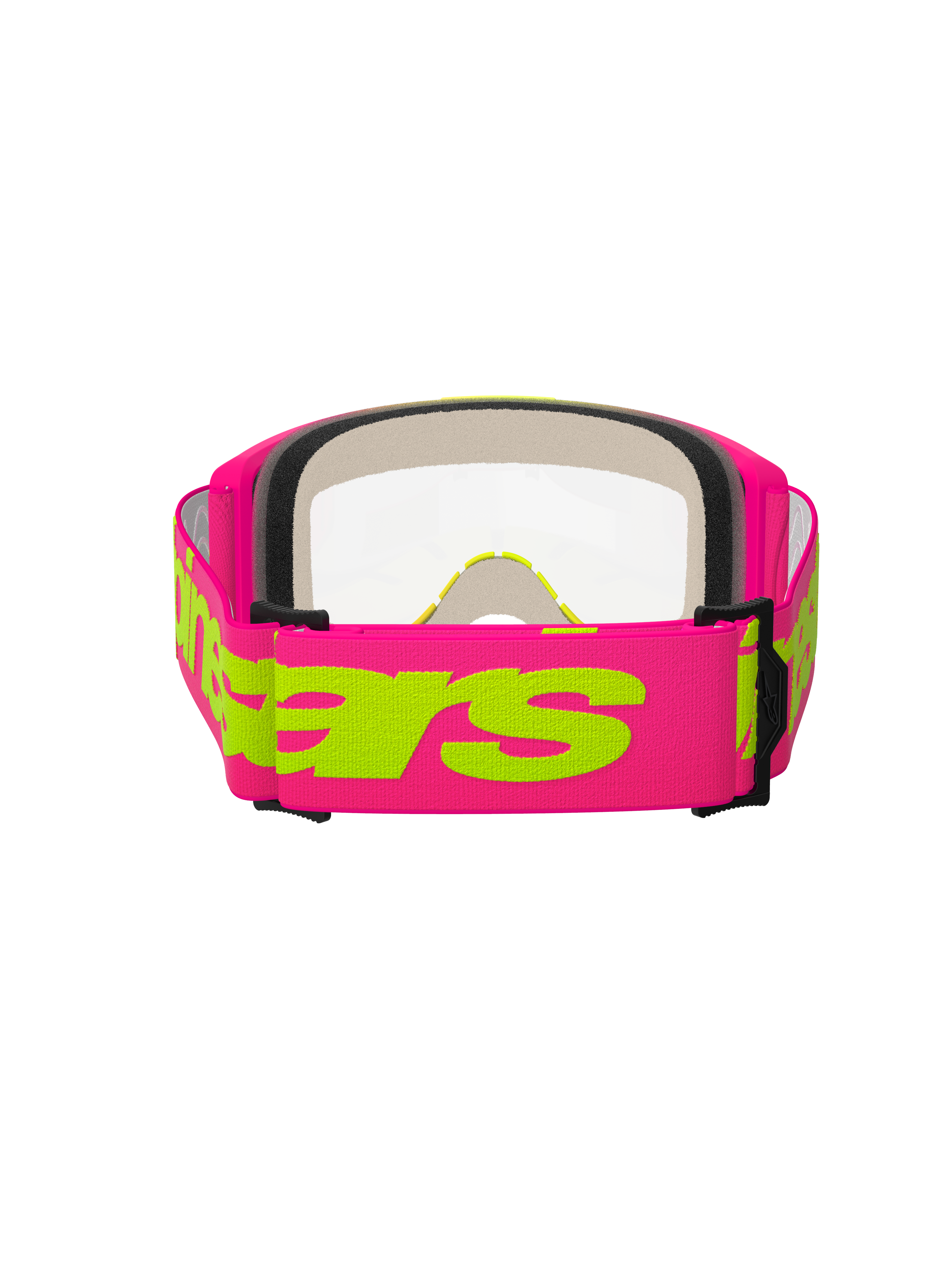 Alpinestars Vision 5 Wordmark bril, motorcrossbril, roze en fluorgeel, achteraanzicht met de brede roze geweven band met neongeel Alpinestars-woordmerk, heldere lens en meerlaagse gezichtsschuimvulling