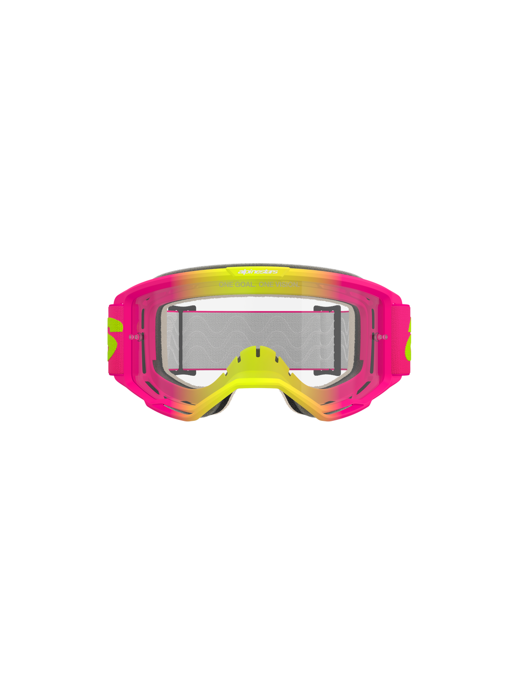 Alpinestars Vision 5 Wordmark goggles, motorcrossbril, roze en fluogeel met heldere lens, frame met levendig kleurverloop, brede geweven band met gele branding, hoogwaardige oogbescherming voor off-road rijden