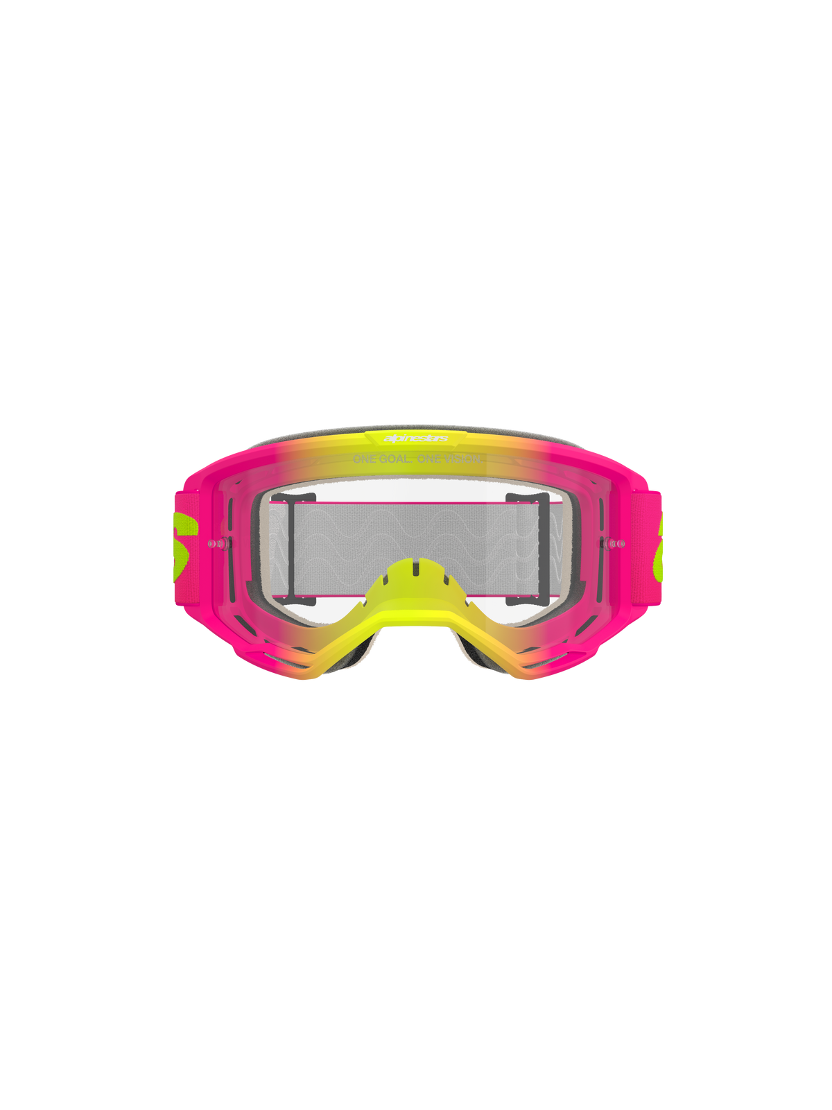 Alpinestars Vision 5 Wordmark goggles, motorcrossbril, roze en fluogeel met heldere lens, frame met levendig kleurverloop, brede geweven band met gele branding, hoogwaardige oogbescherming voor off-road rijden