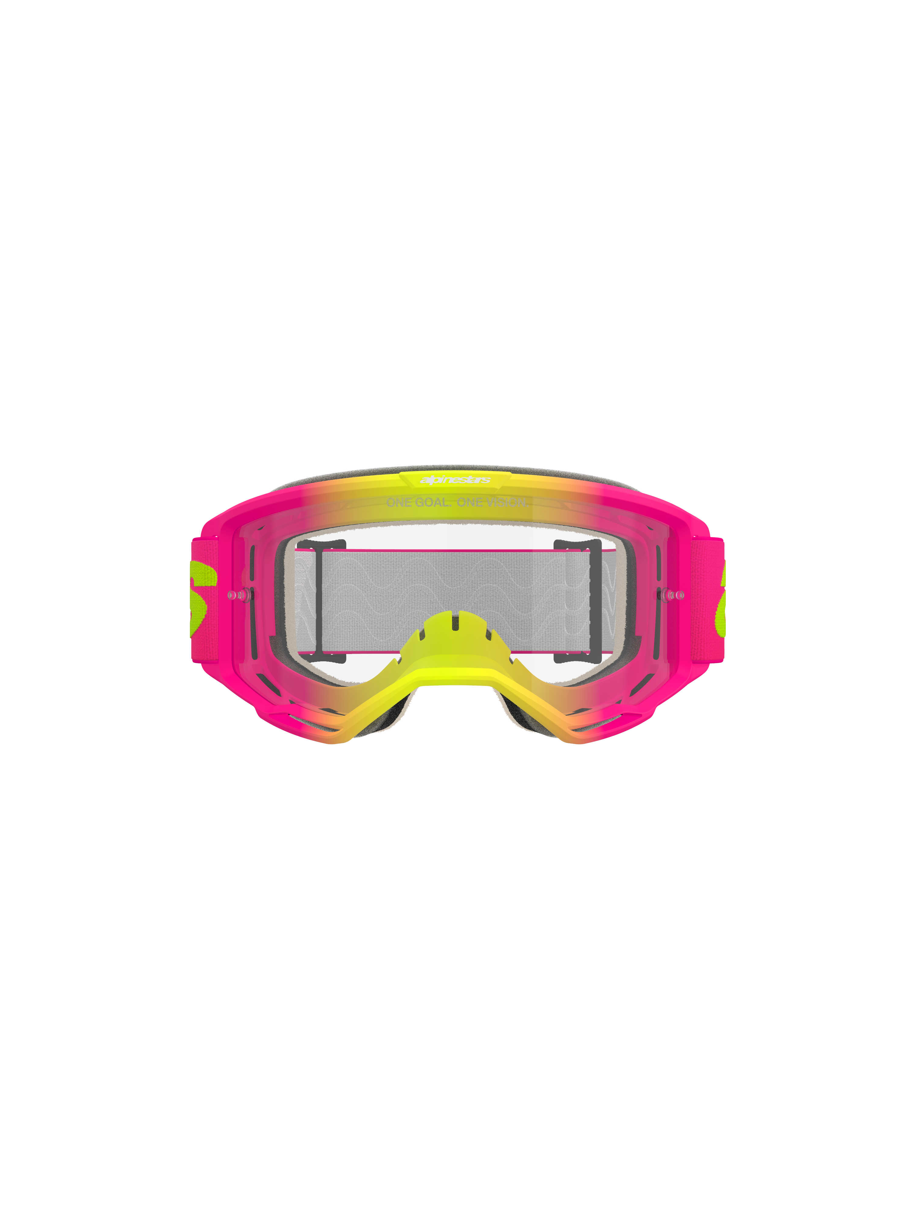 Alpinestars Vision 5 Wordmark goggles, motorcrossbril, roze en fluogeel met heldere lens, frame met levendig kleurverloop, brede geweven band met gele branding, hoogwaardige oogbescherming voor off-road rijden