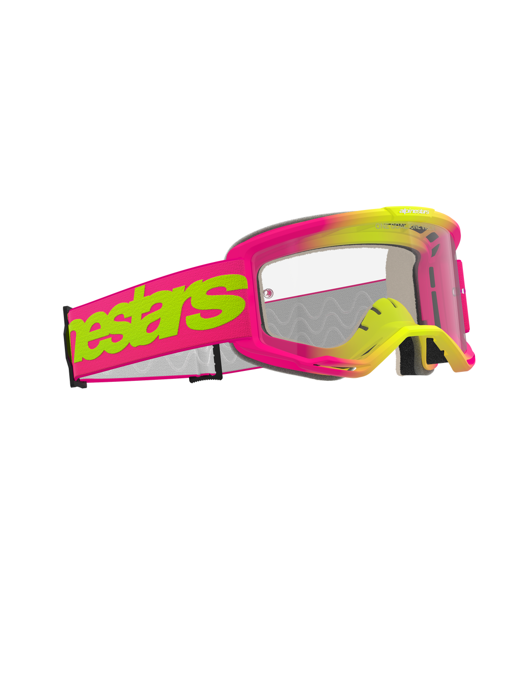 Alpinestars Vision 5 Wordmark Goggles, motorcrossbril, roze en fluorescerend geel frame met heldere lens, brede roze band met opvallend neongeel Alpinestars-woordmerklogo, hoogwaardige oogbescherming voor off-road racen