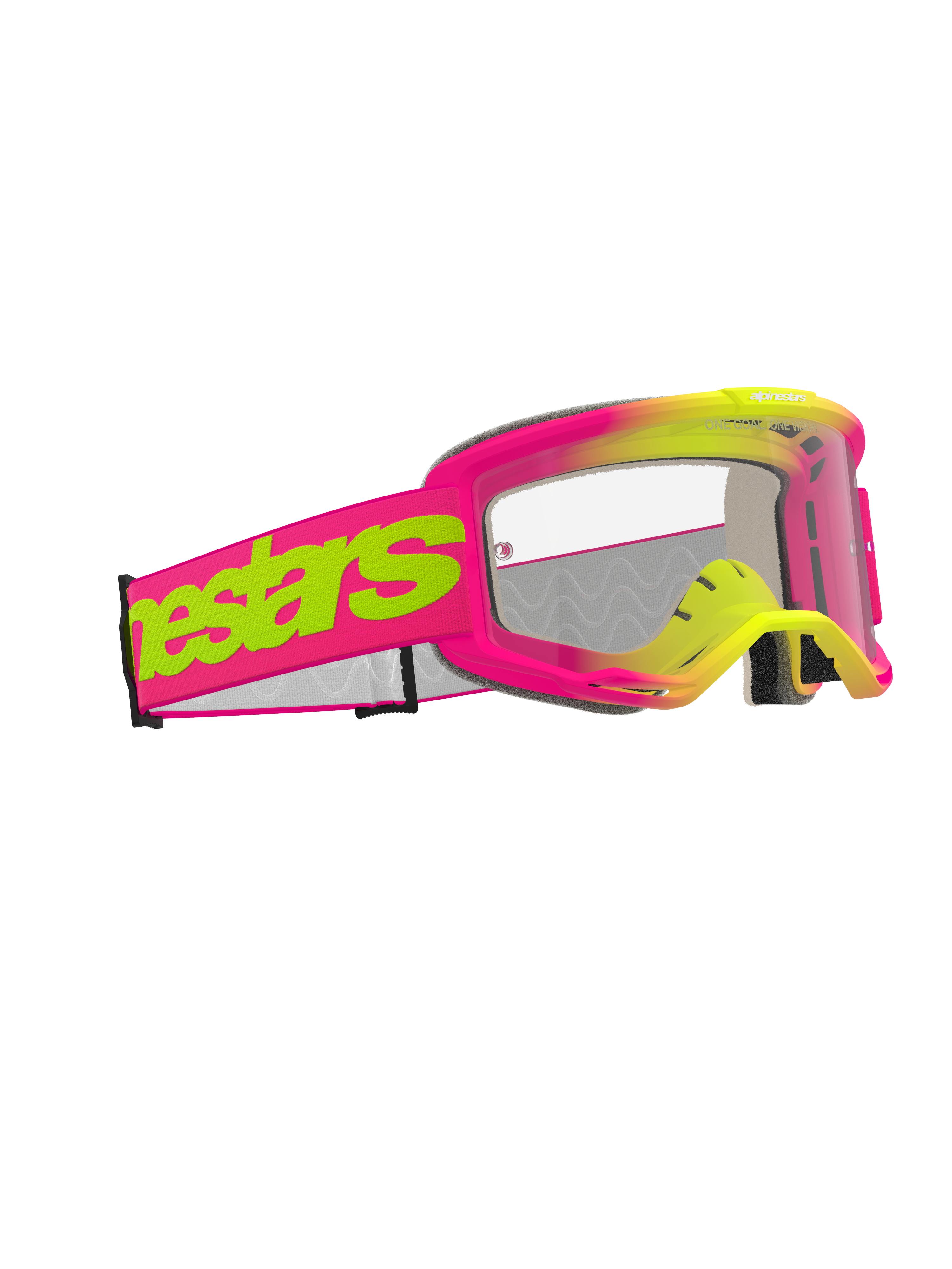Alpinestars Vision 5 Wordmark Goggles, motorcrossbril, roze en fluorescerend geel frame met heldere lens, brede roze band met opvallend neongeel Alpinestars-woordmerklogo, hoogwaardige oogbescherming voor off-road racen
