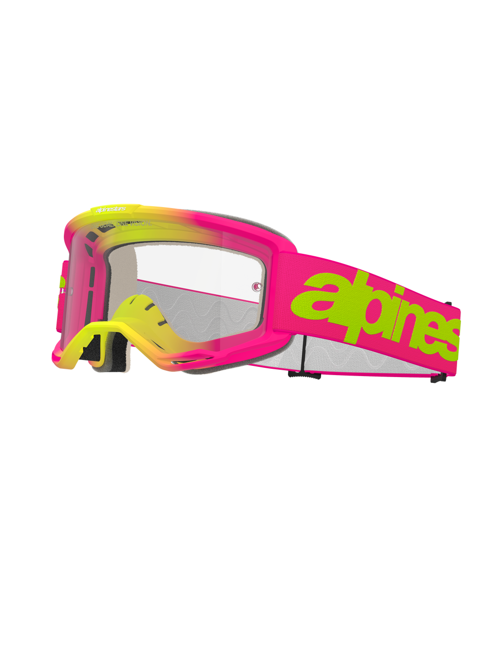 Alpinestars Vision 5 Wordmark Goggles, motorcrossbril, roze en fluogeel, heldere lens, opvallend limoengroen logo op een roze band, meerlaags gezichtsschuim, geventileerd ontwerp voor off-road racing