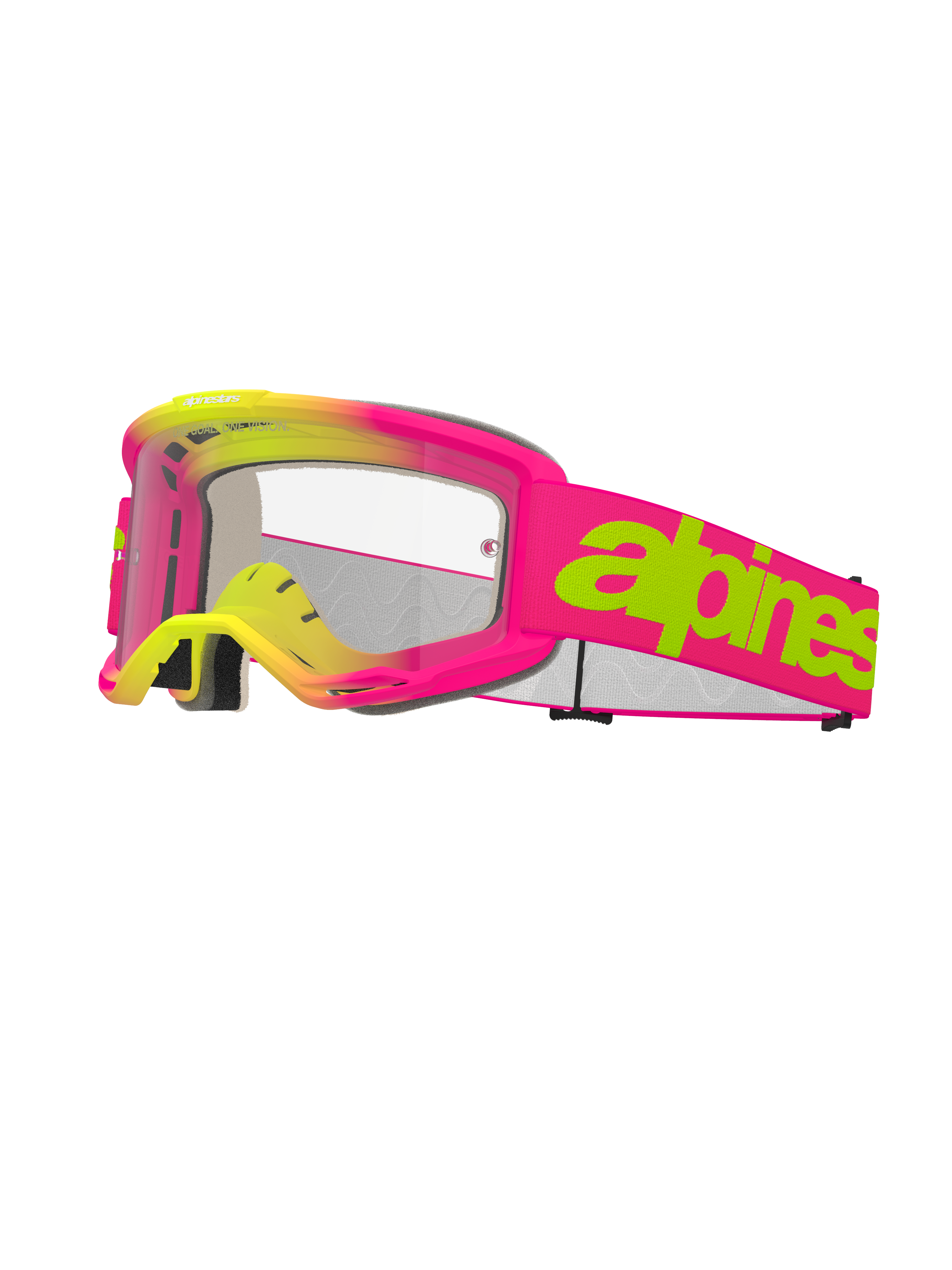 Alpinestars Vision 5 Wordmark Goggles, motorcrossbril, roze en fluogeel, heldere lens, opvallend limoengroen logo op een roze band, meerlaags gezichtsschuim, geventileerd ontwerp voor off-road racing