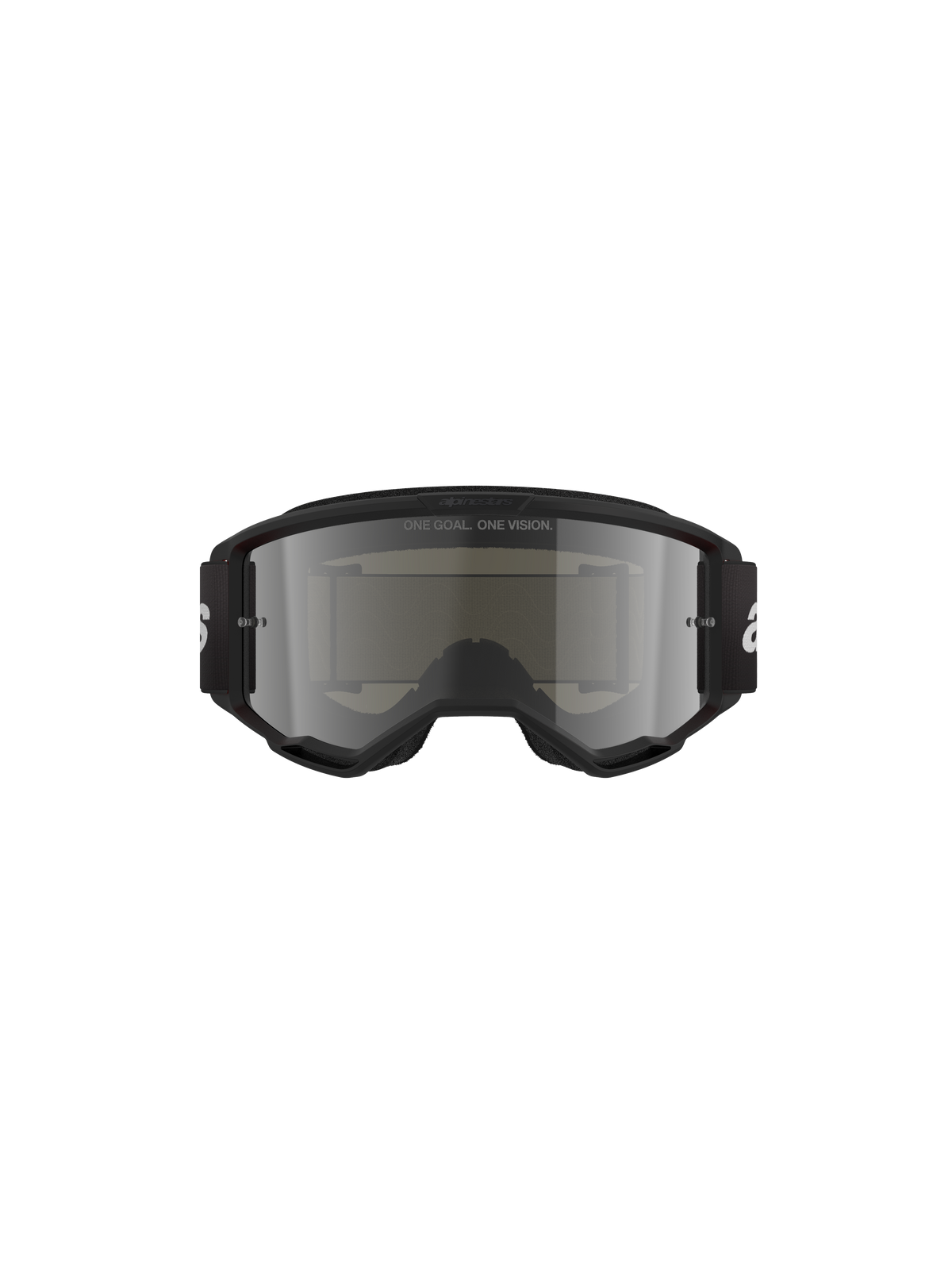 Alpinestars Vision 3 Wordmark crossbril, motorcrossbril, Black Mirror Silver, met een strak zwart frame en zilveren spiegelende lens, zwarte geweven band met witte branding, ontworpen voor off-road racen en oogbescherming