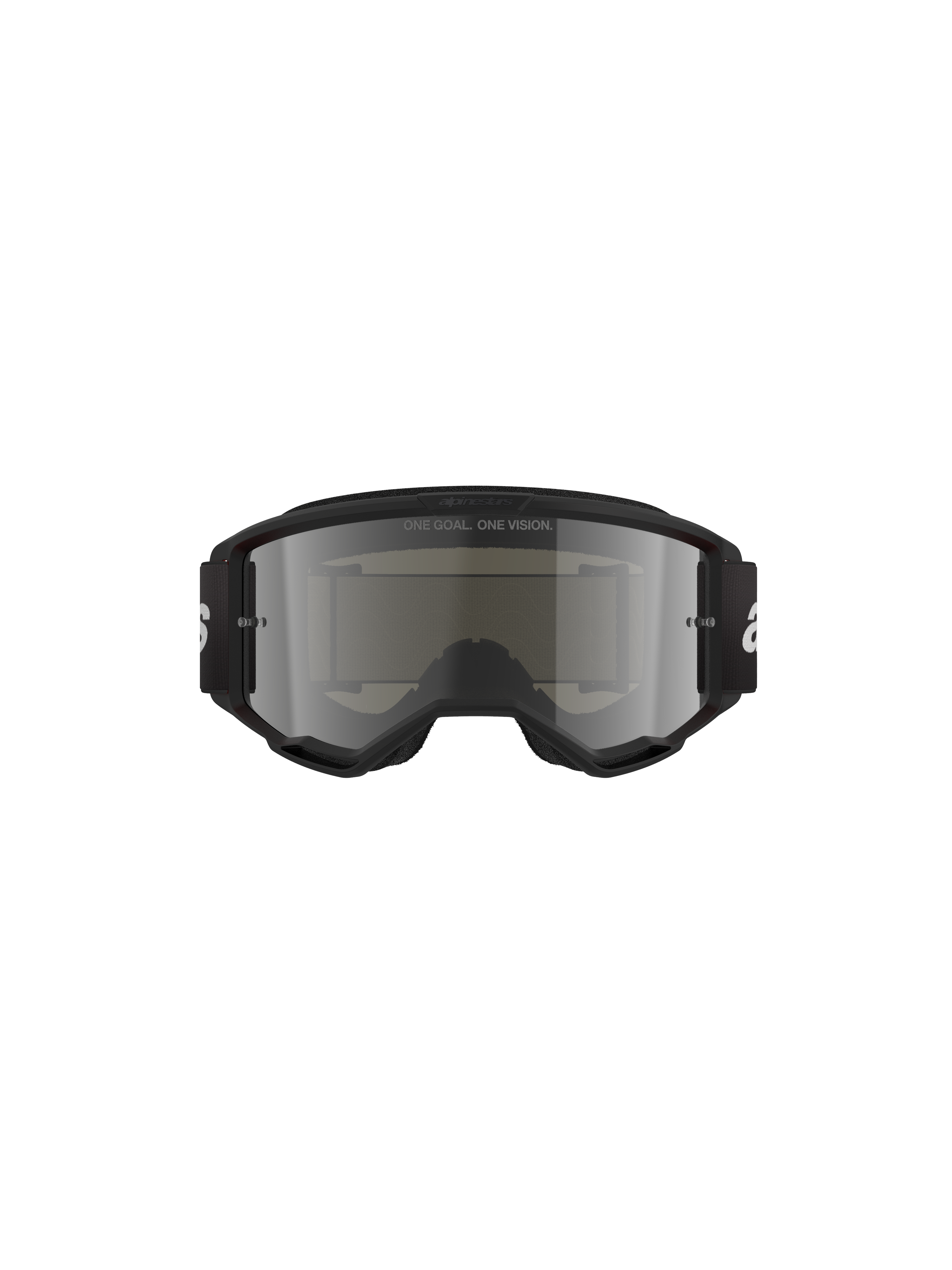 Alpinestars Vision 3 Wordmark Goggles, Motocross Goggles, Black Mirror Silver, featuring a sleek black frame and silver mirrored lens, black woven strap with white branding, designed for off-road racing and eye protection