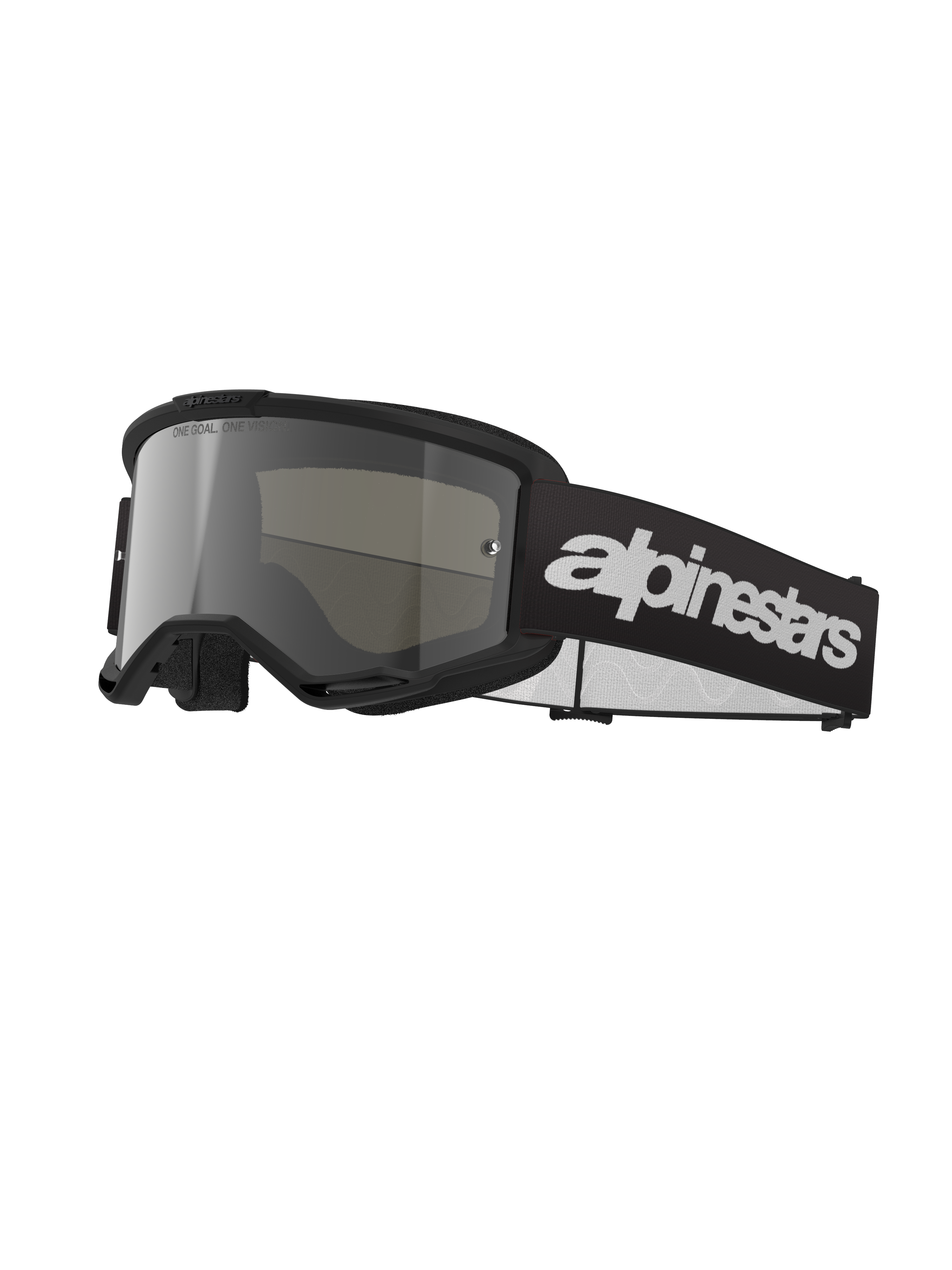 Alpinestars Vision 3 Wordmark motorcrossbril, zwart en spiegelzilver, breed zilver getinte lens, verstelbare zwarte band met prominent wit wordmark-logo, met schuim gevoerd frame met ventilatieopeningen, ontworpen voor off-road racen