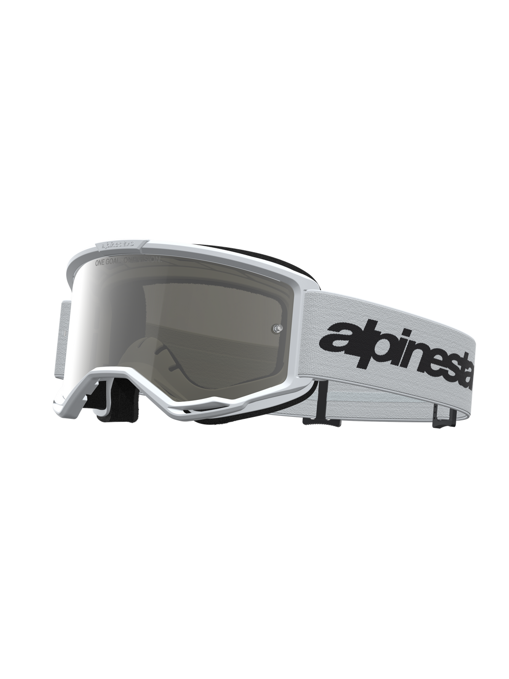 Alpinestars Vision 3 Wordmark Mirror veiligheidsbril, witte motorcrossbril met zilveren anti-fog lens en zwarte logoband.