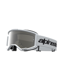 Alpinestars Vision 3 Wordmark Mirror veiligheidsbril, witte motorcrossbril met zilveren anti-fog lens en zwarte logoband.