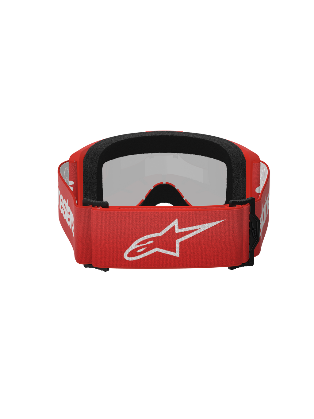 Alpinestars Vision 3 Wordmark Goggles, motorcrossbril, Red Mirror Silver, achteraanzicht met een rode geweven band met een wit Alpinestars-logo, zwart EO15 gezichtsschuim en verstelbare pasvorm voor off-road prestaties.