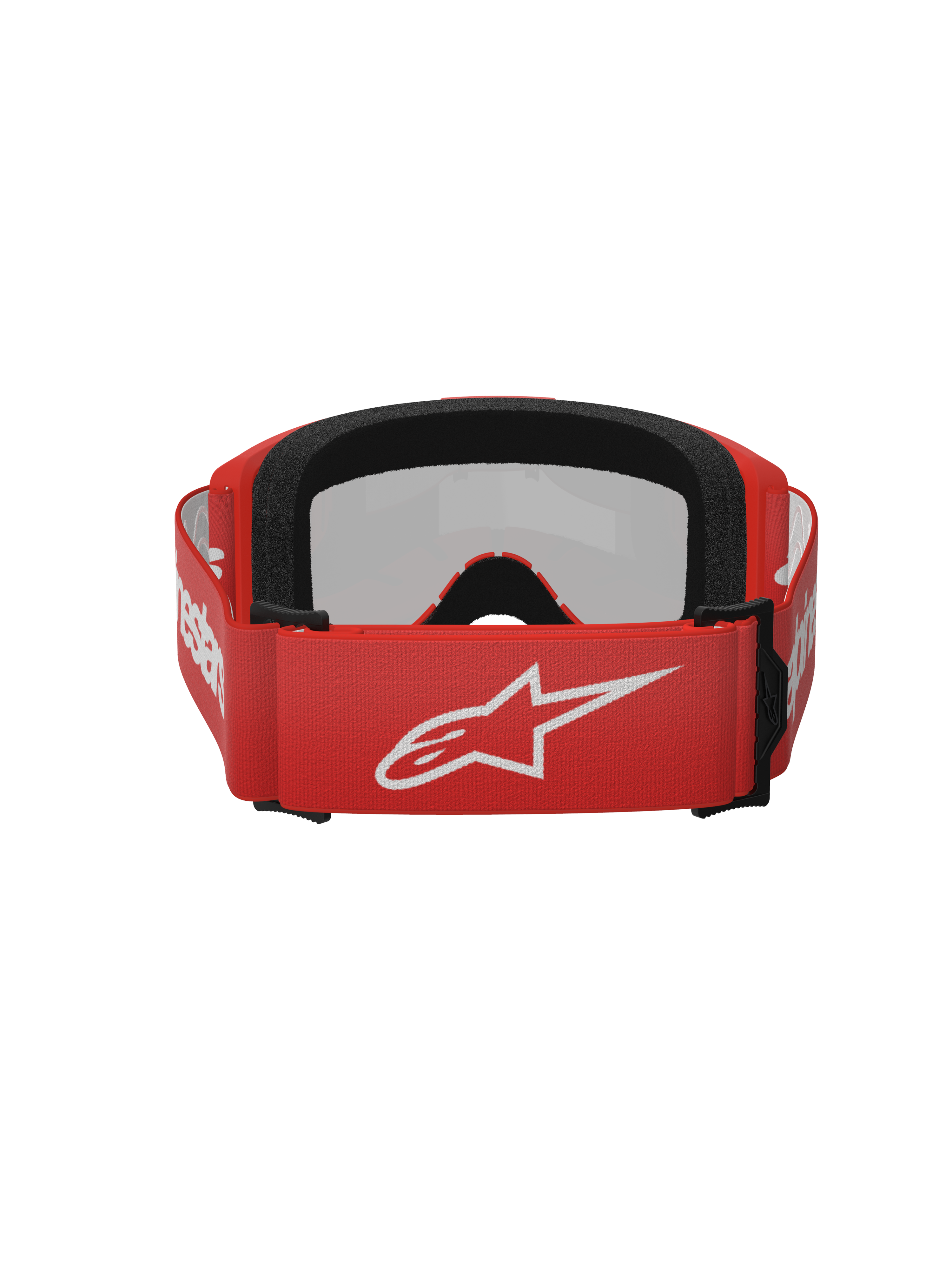 Alpinestars Vision 3 Wordmark Goggles, motorcrossbril, Red Mirror Silver, achteraanzicht met een rode geweven band met een wit Alpinestars-logo, zwart EO15 gezichtsschuim en verstelbare pasvorm voor off-road prestaties.