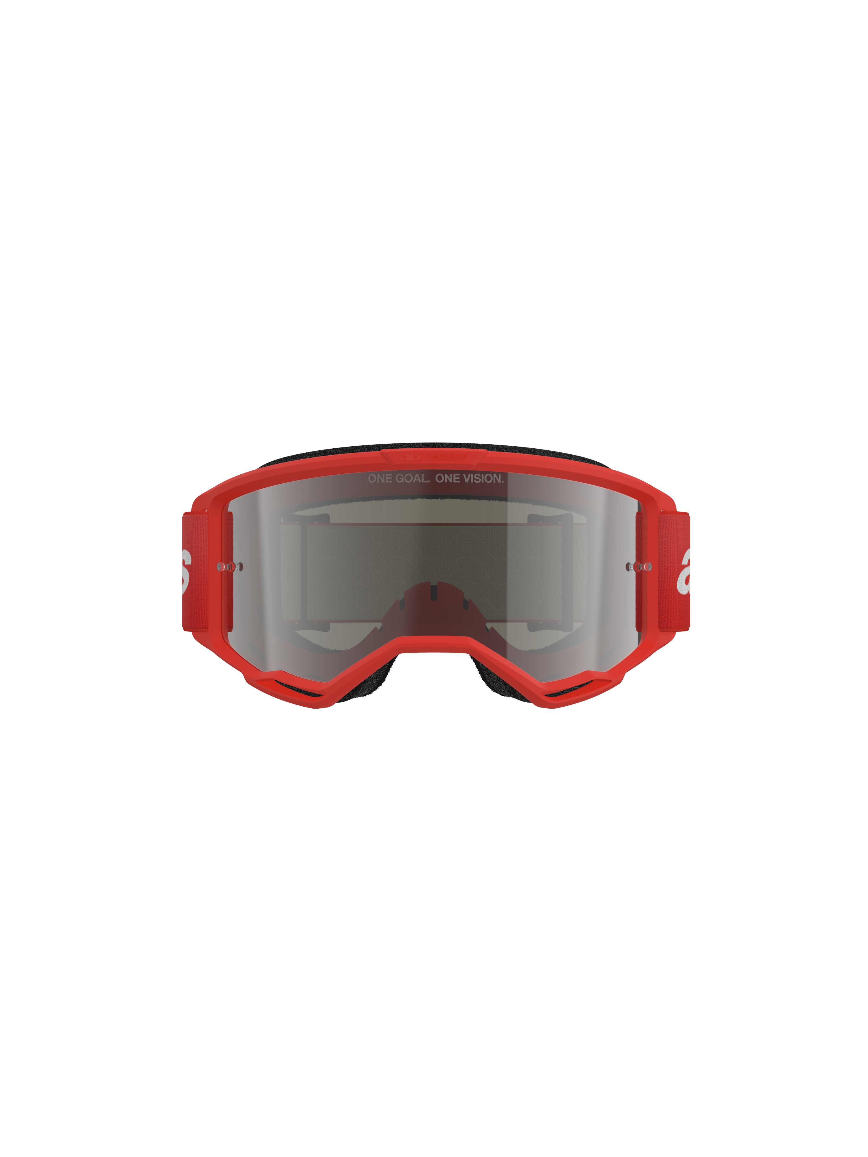 Alpinestars Vision 3 Wordmark Goggles, motorcrossbril, rood frame met Silver Mirror lens, vooraanzicht met de tekst 'ONE GOAL. ONE VISION.' op de lens en een brede rode band