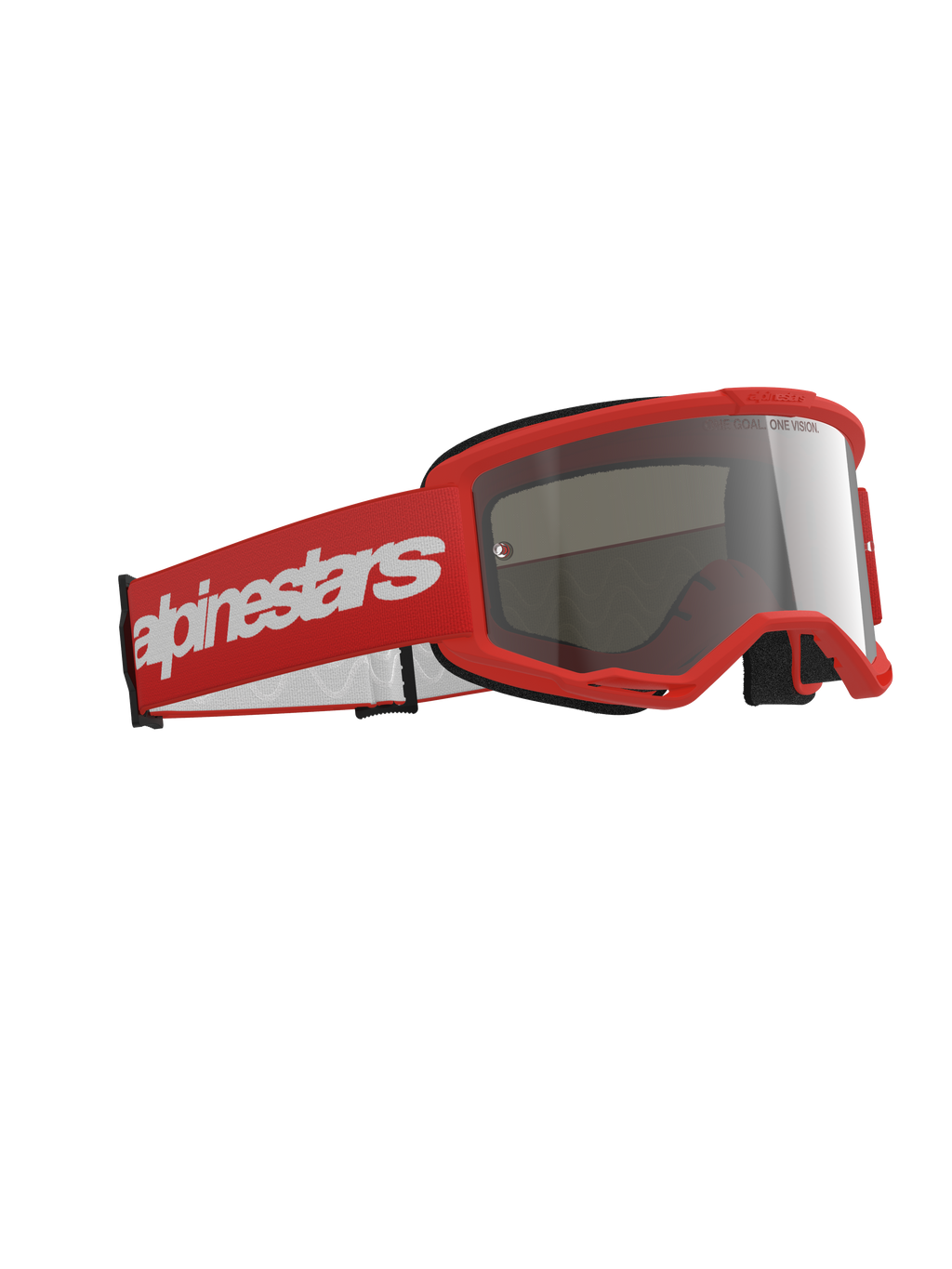 Alpinestars Vision 3 Wordmark goggles, motorcrossbril, rood frame met een bijpassende rode band met een groot wit woordmerklogo, zilveren spiegelende lens, ontworpen voor off-road en motorcross racing