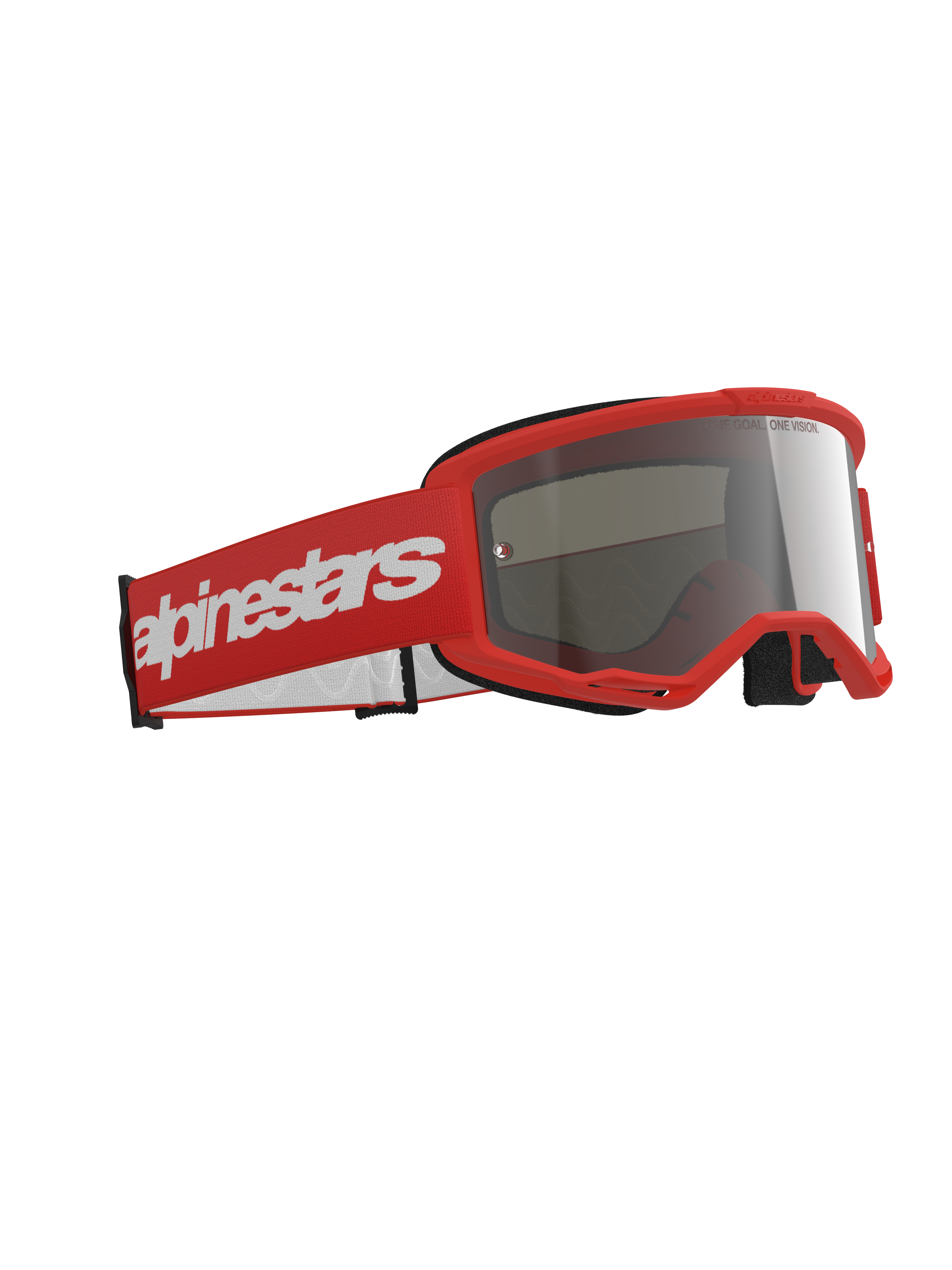 Alpinestars Vision 3 Wordmark goggles, motorcrossbril, rood frame met een bijpassende rode band met een groot wit woordmerklogo, zilveren spiegelende lens, ontworpen voor off-road en motorcross racing