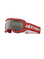Alpinestars Vision 3 Wordmark crossbril, motorcrossbril, rood en zilver spiegelend, felrood frame met zilveren spiegelende lens, rode geweven band met een groot wit woordmerk-logo, sportieve off-road beschermende bril