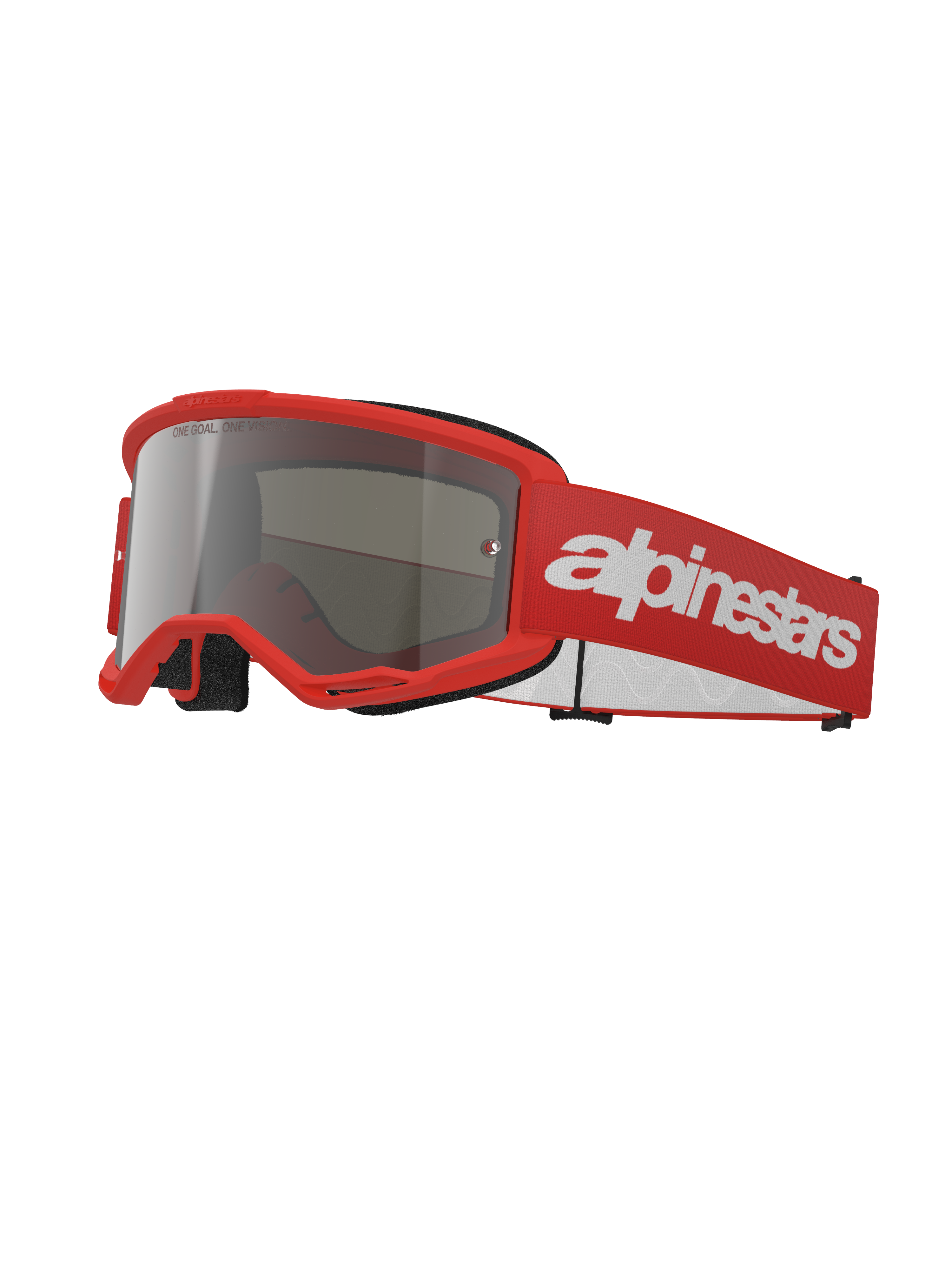 Alpinestars Vision 3 Wordmark crossbril, motorcrossbril, rood en zilver spiegelend, felrood frame met zilveren spiegelende lens, rode geweven band met een groot wit woordmerk-logo, sportieve off-road beschermende bril