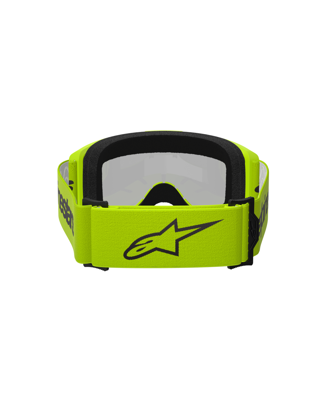 Alpinestars Vision 3 Wordmark Goggles, motorcrossbril, neongeel en zilveren spiegelglas, achteraanzicht met een brede neongele band met zwart sterlogo en branding, zwart gezichtsschuim, ontworpen voor off-road racen