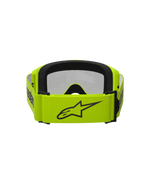 Alpinestars Vision 3 Wordmark Goggles, motorcrossbril, neongeel en zilveren spiegelglas, achteraanzicht met een brede neongele band met zwart sterlogo en branding, zwart gezichtsschuim, ontworpen voor off-road racen
