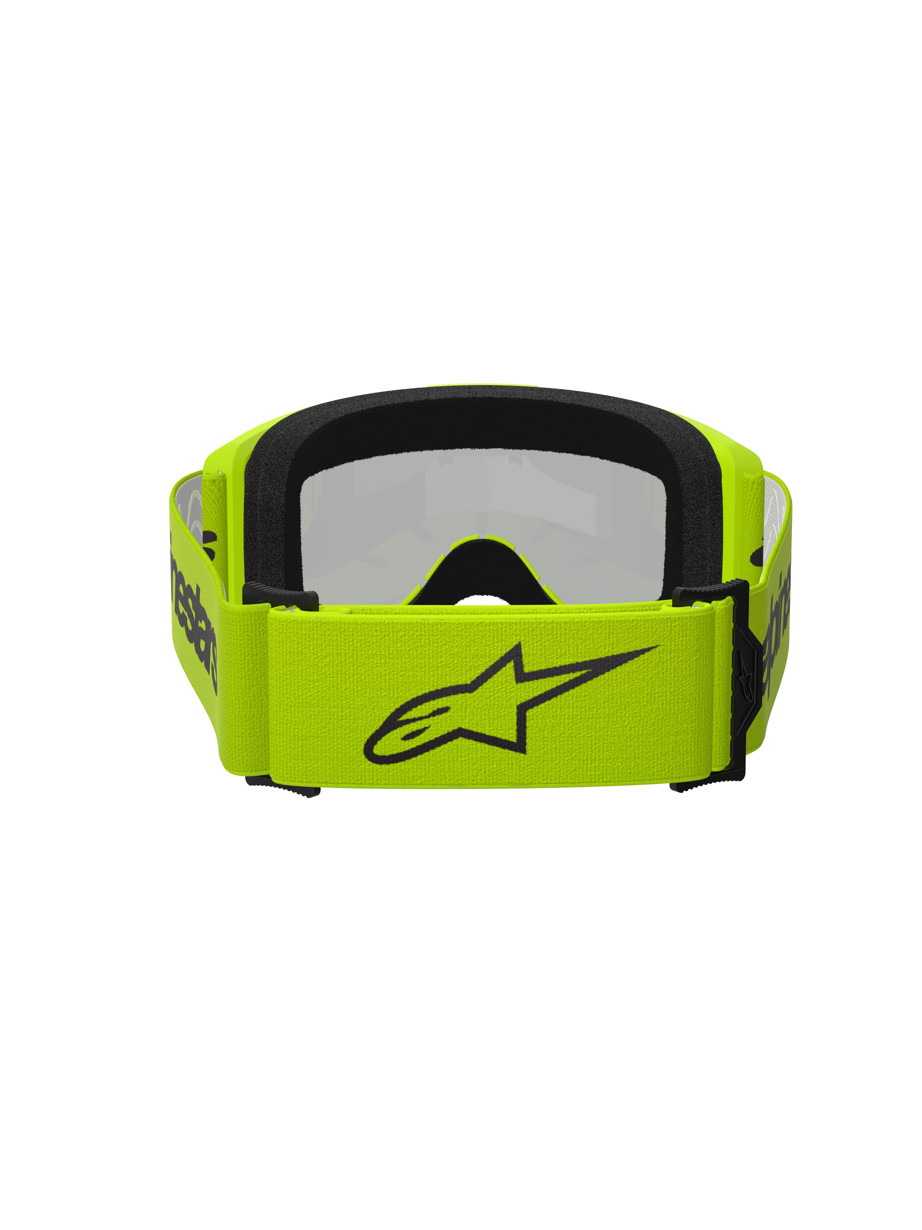 Alpinestars Vision 3 Wordmark Goggles, motorcrossbril, neongeel en zilveren spiegelglas, achteraanzicht met een brede neongele band met zwart sterlogo en branding, zwart gezichtsschuim, ontworpen voor off-road racen