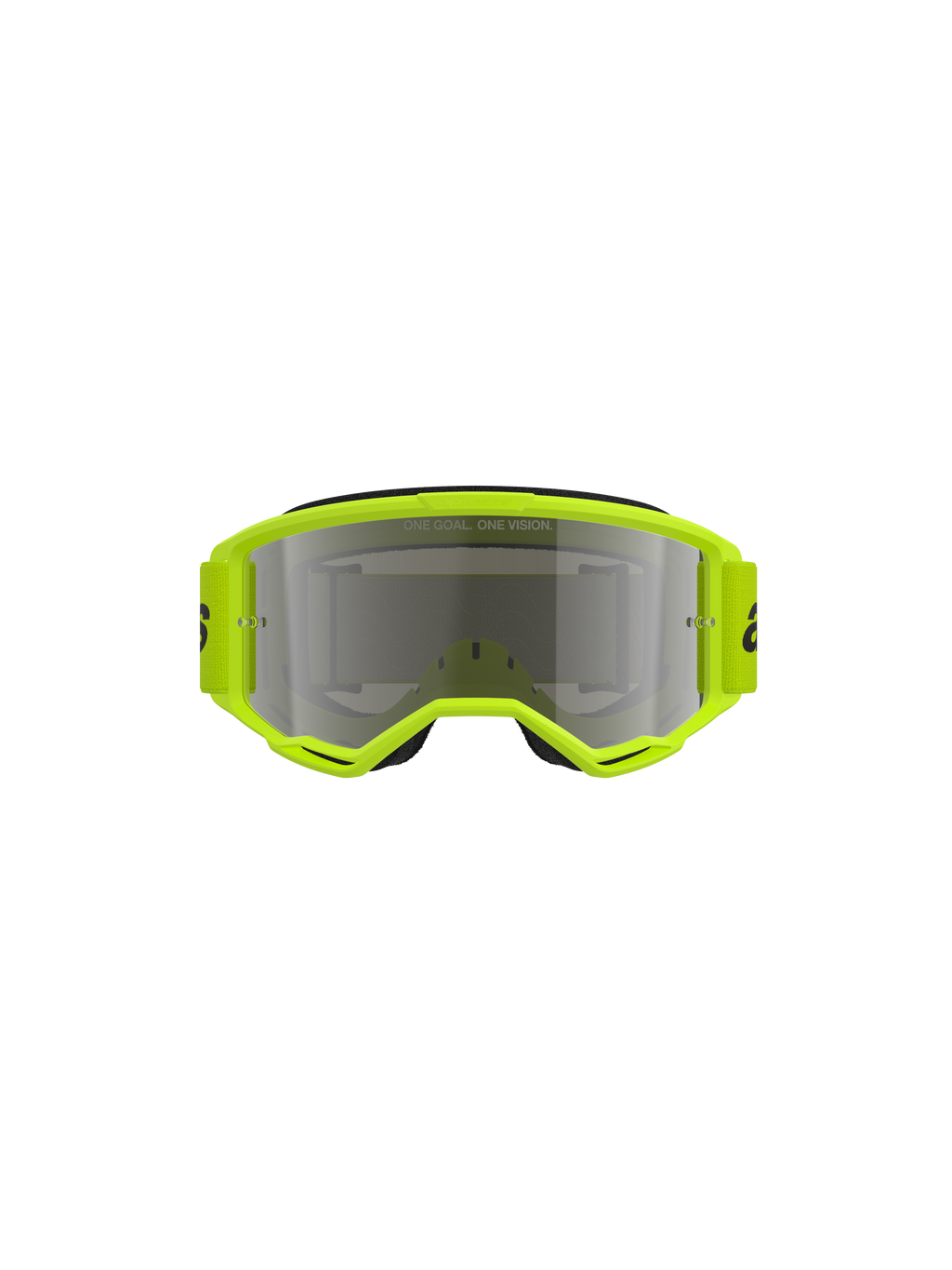 Alpinestars Vision 3 Wordmark Goggles, motorcrossbril, geel fluo frame met Mirror Silver lens, bijpassende gele band met zwarte branding, vooraanzicht met de nadruk op het brede gezichtsveld