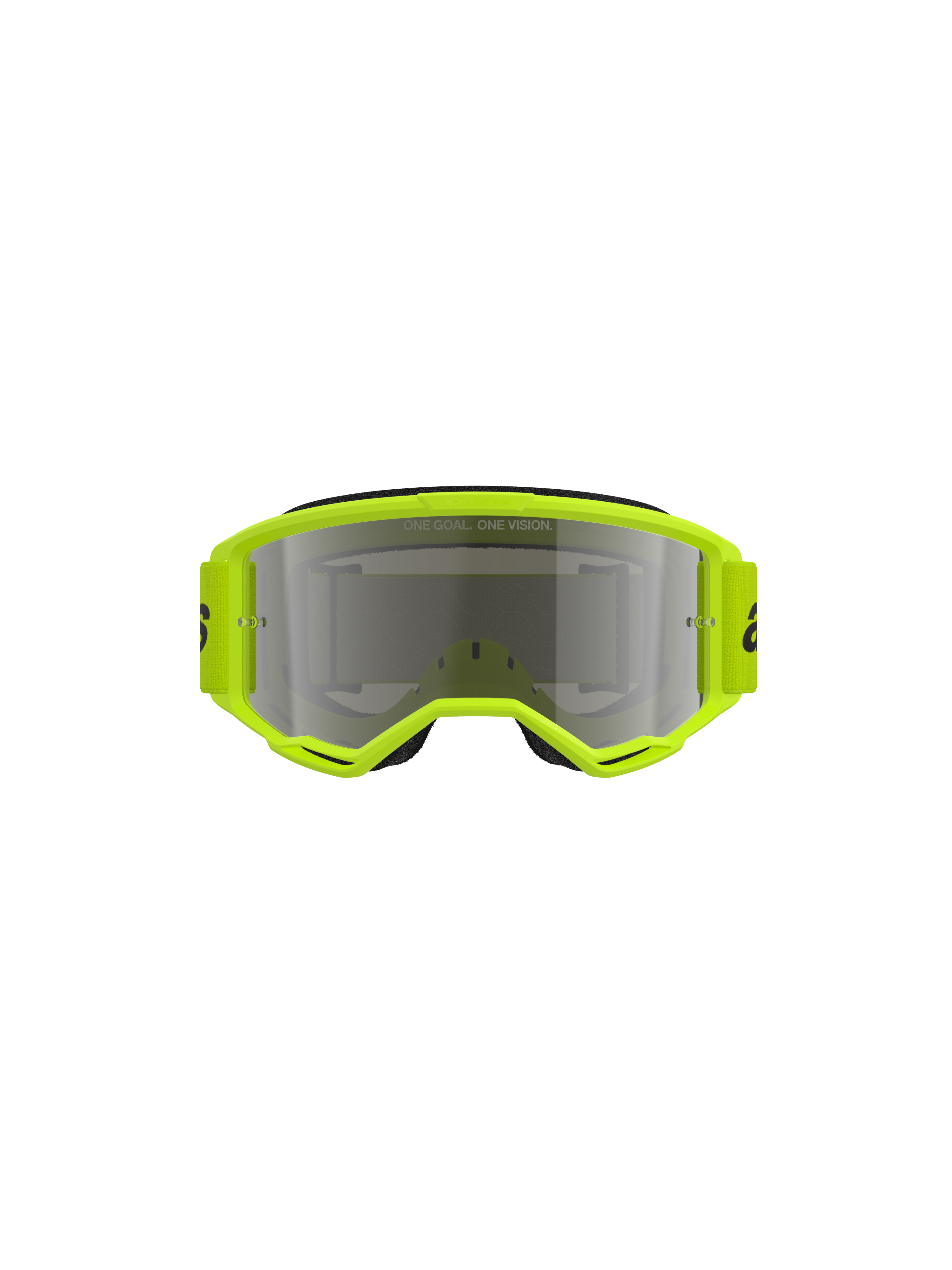 Alpinestars Vision 3 Wordmark Goggles, motorcrossbril, geel fluo frame met Mirror Silver lens, bijpassende gele band met zwarte branding, vooraanzicht met de nadruk op het brede gezichtsveld