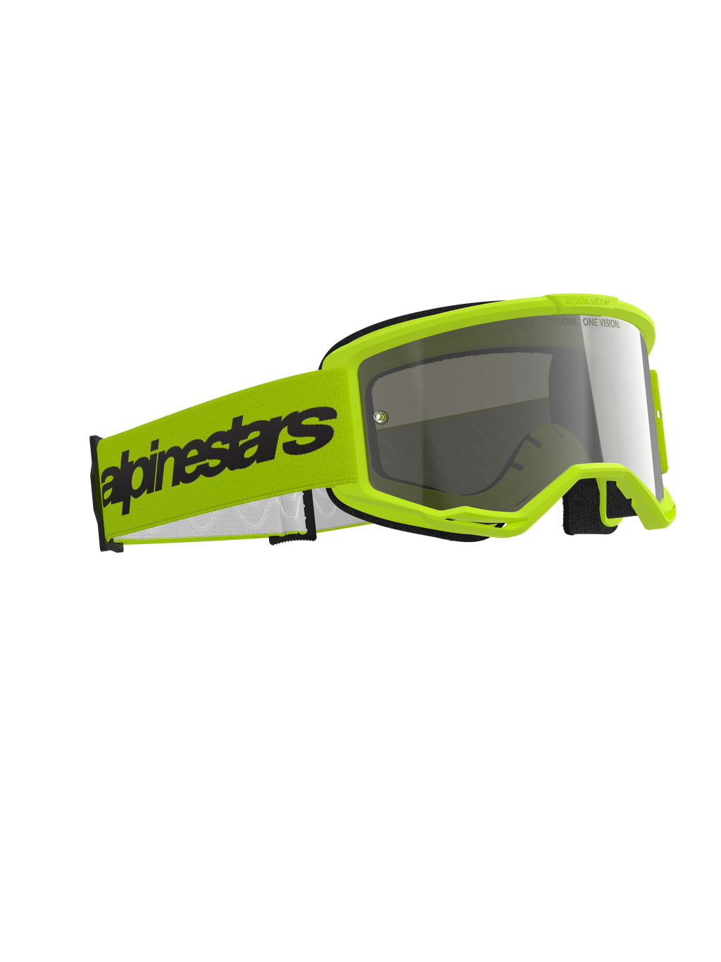 Alpinestars Vision 3 Wordmark motorcrossbril, fluo geel en mirror silver, felgeel frame met reflecterende zilveren lens, brede gele band met zwarte Alpinestars-branding